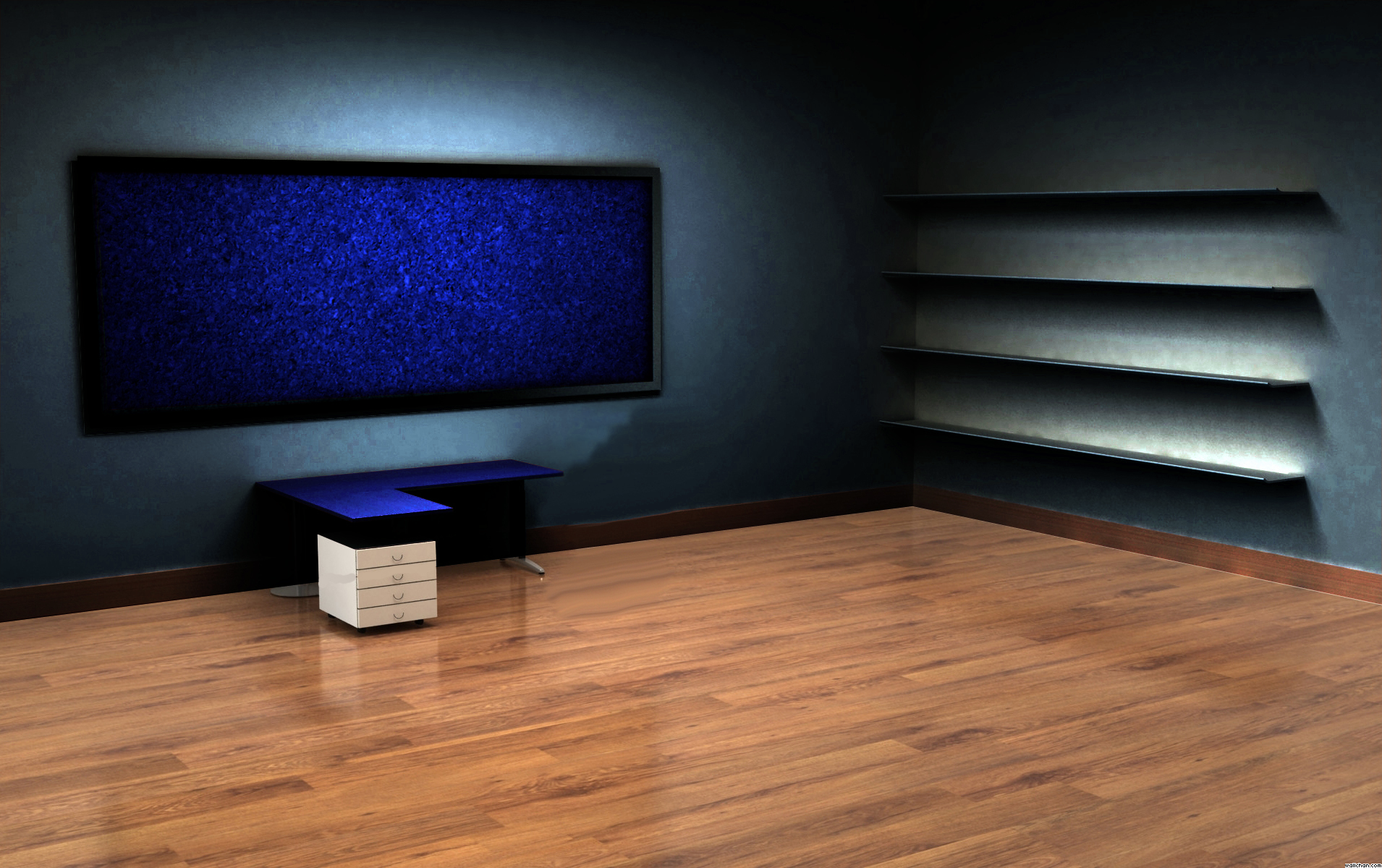 青の部屋 模様替え感覚でアイコンを整理 架空の３d部屋のデスクトップ壁紙 棚 机 黒板 Naver まとめ