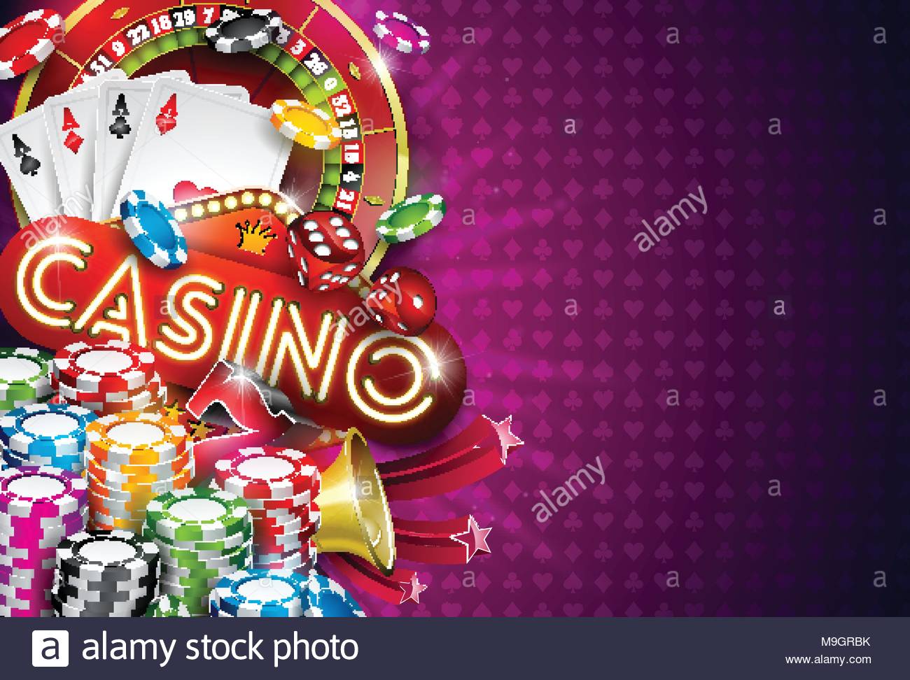 Casino Illustration With Roulette Wheel And Playing Chips On