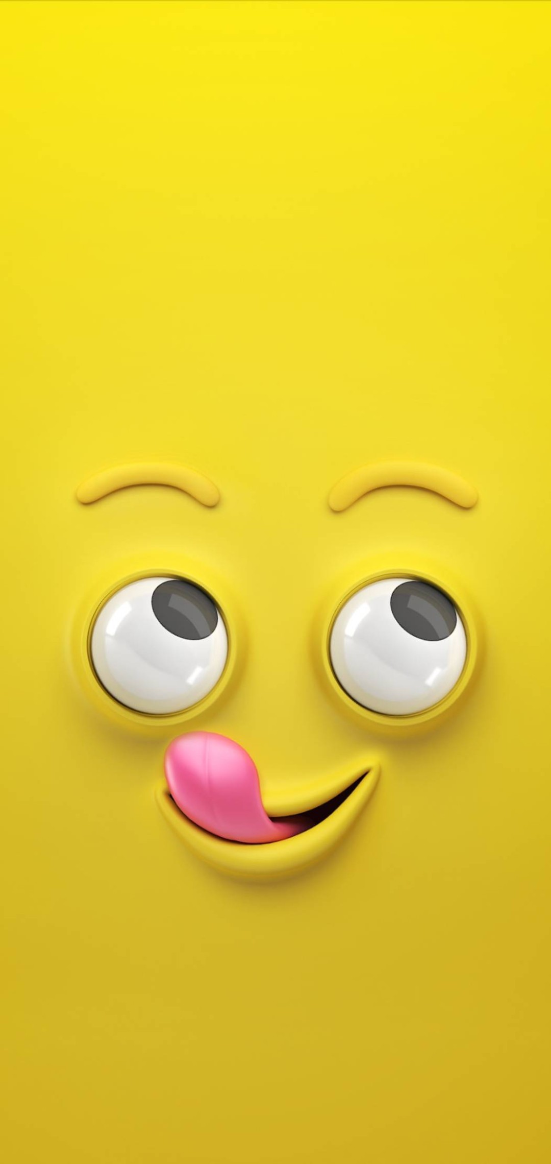 Close-up of a 3D yellow emoji with googly eyes and tongue sticking out, set against a vibrant yellow background
