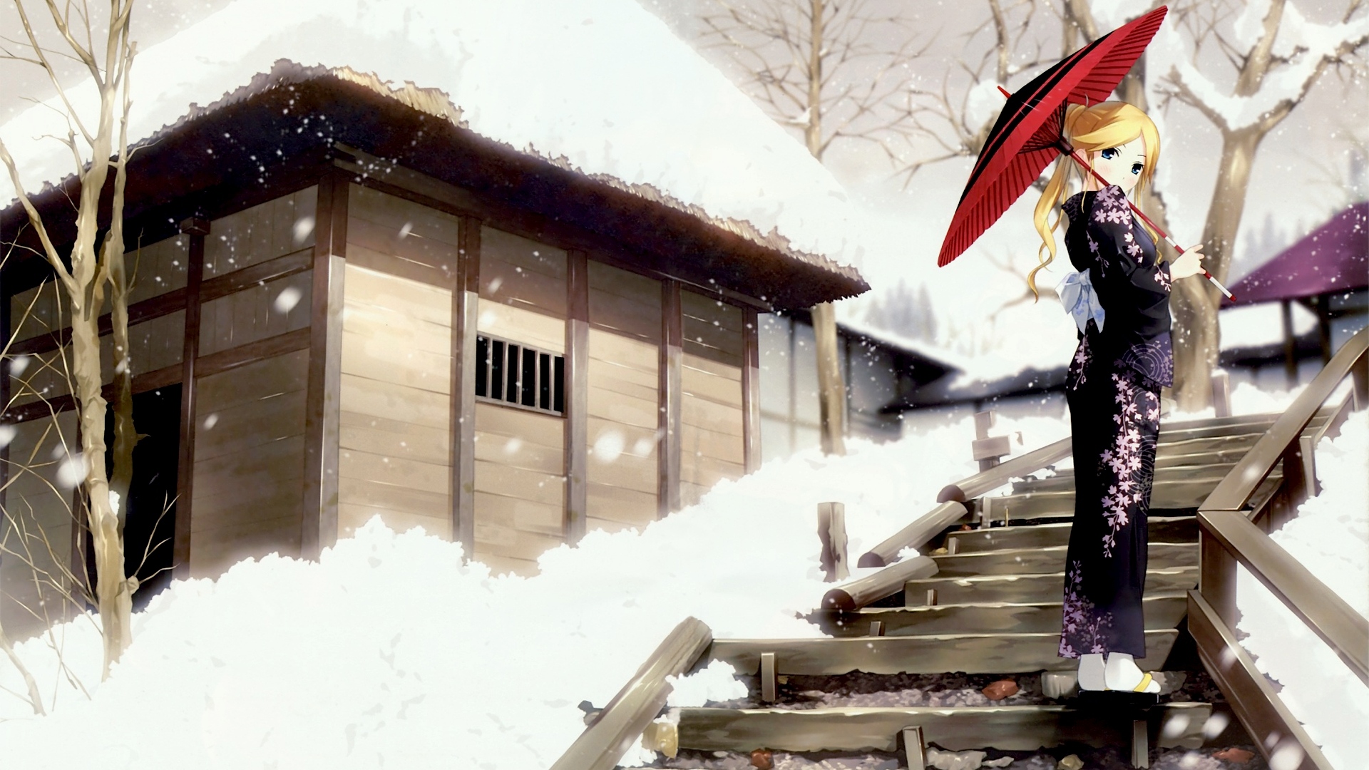 Download Wallpaper 1920x1080 Anime Geisha Kimono Winter