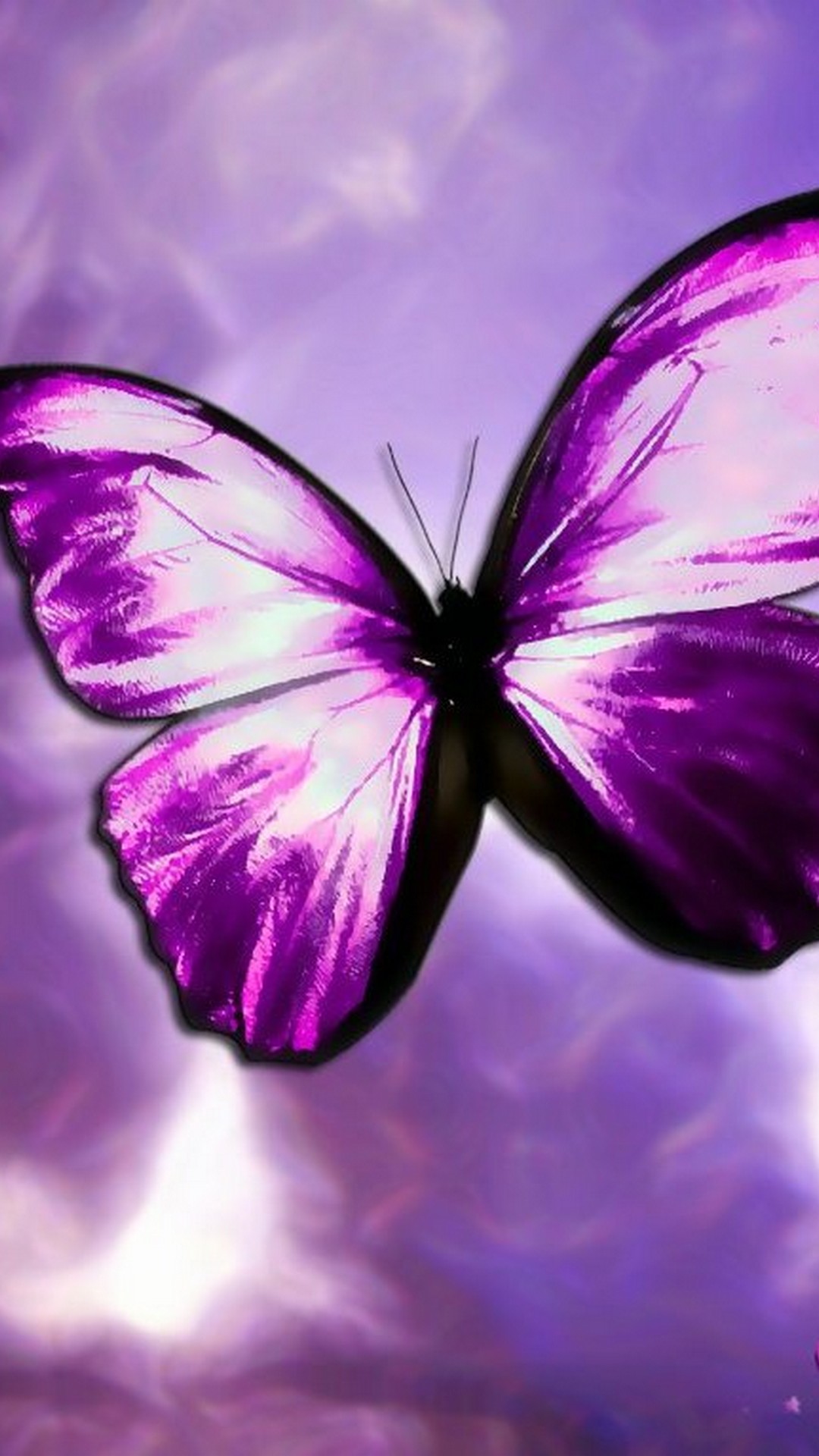 A vibrant purple butterfly with delicate white markings in flight against a soft purple and cloudy sky