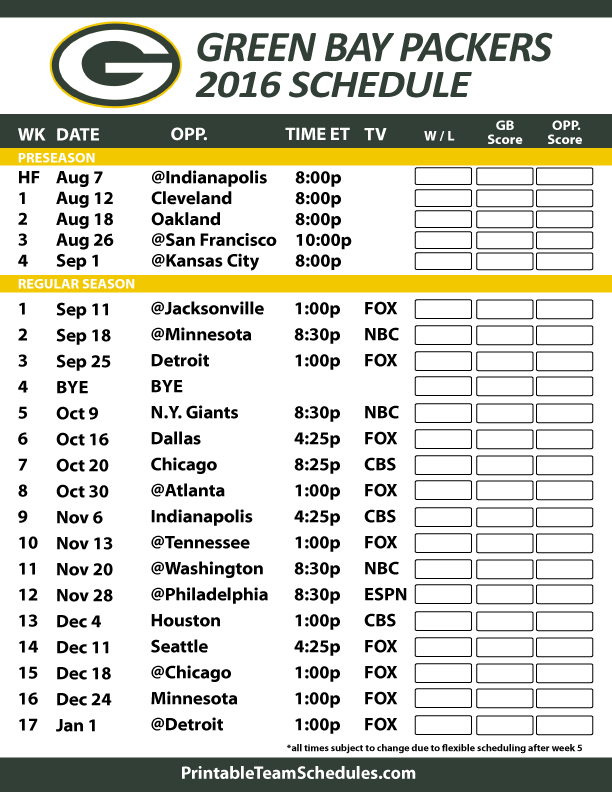 Green Bay Packers' Schedule Printable 20242024 Penn State Football