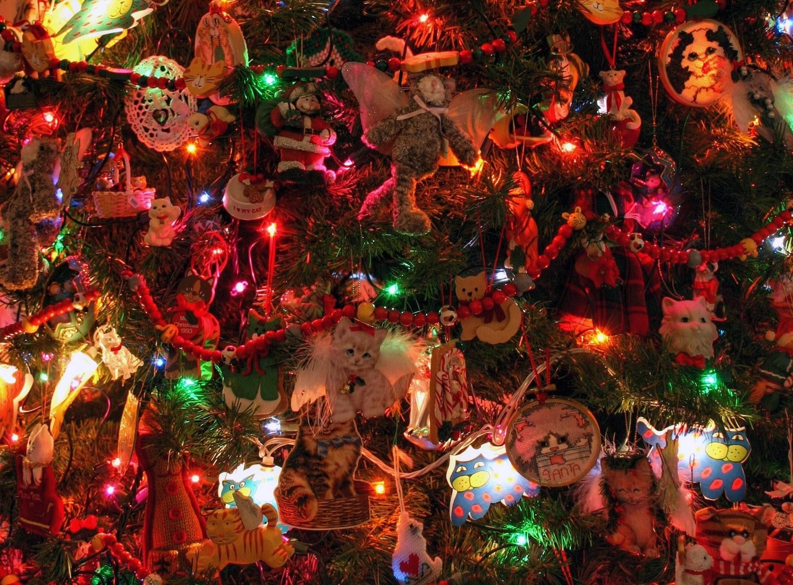 Closeup Photo Of Christmas Tree With Cat Ornaments Lighted On HD