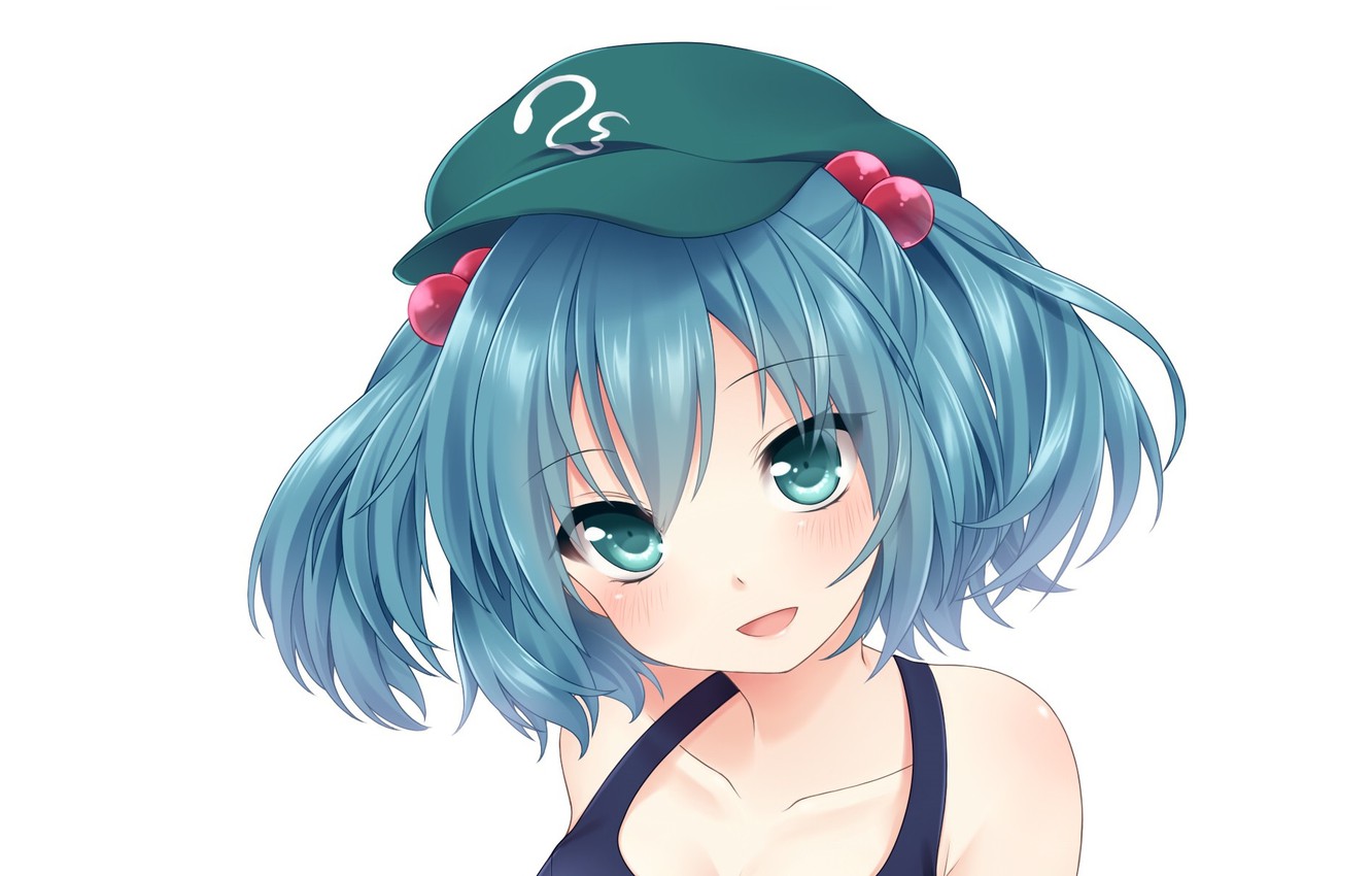 Wallpaper Face Girl White Background Cap Blue Hair Art Two