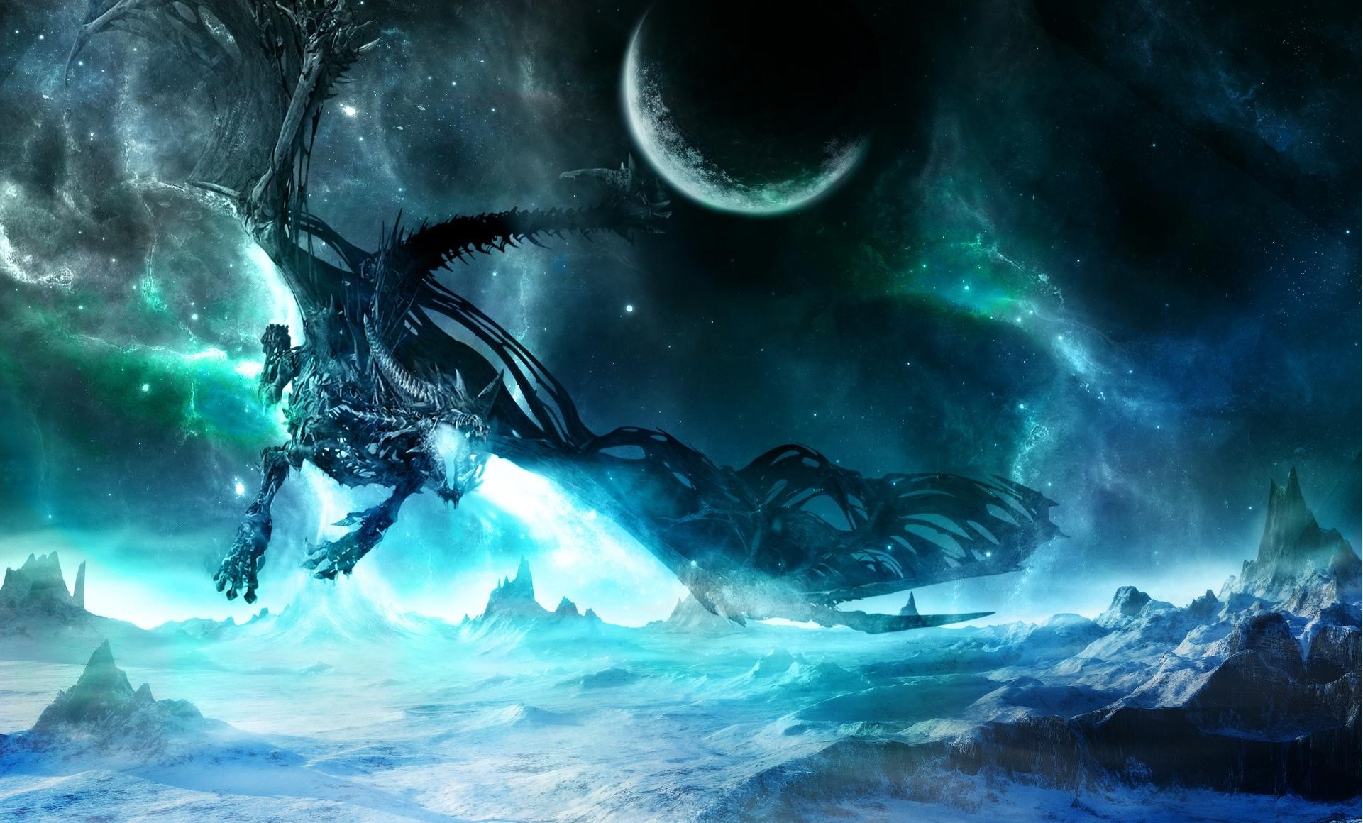 A majestic black dragon soars through a cosmic, icy landscape, illuminated by a crescent moon and glowing nebulae. Perfect for dragon and fantasy enthusiasts