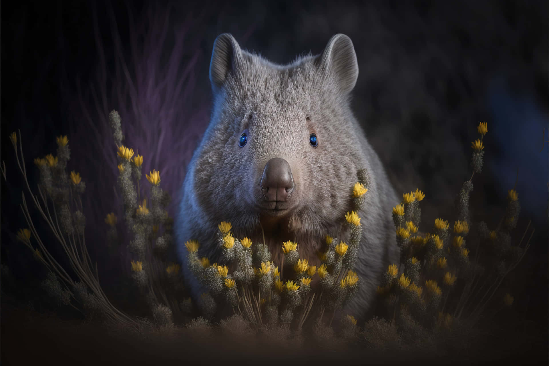 A close-up portrait of a gray wombat with bright blue eyes nestled amidst small yellow wildflowers