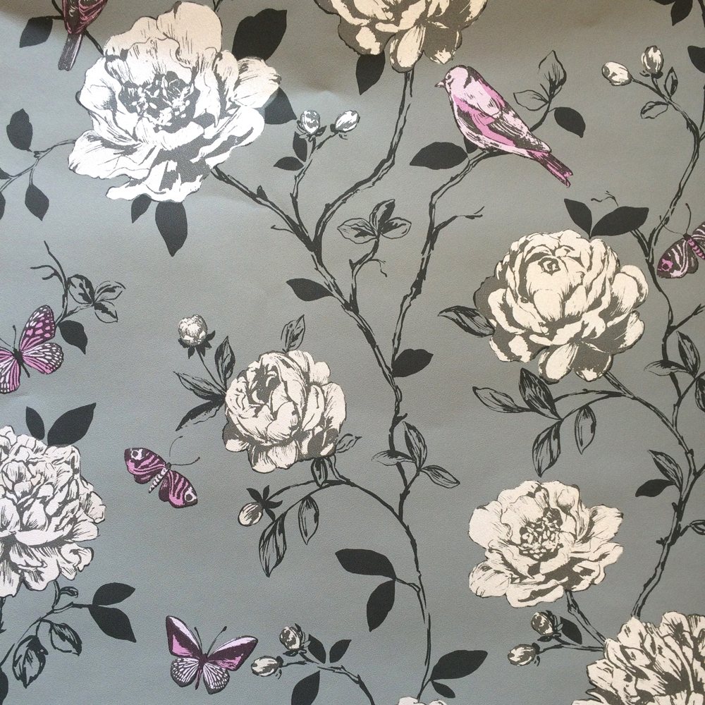 Rasch Amour Bird and Butterflies Wallpaper   Grey Pink
