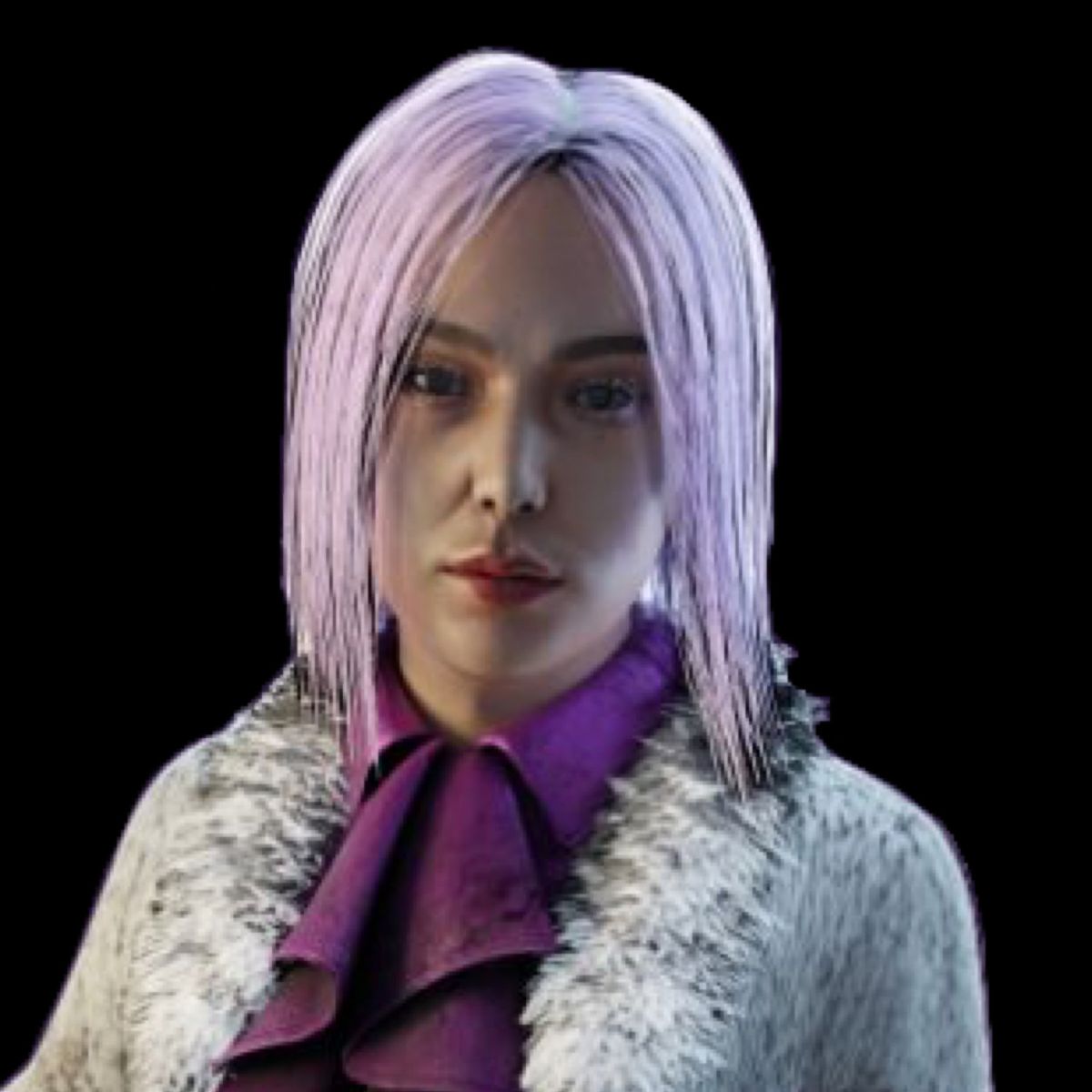 A close-up portrait of a woman with pale purple hair, wearing a fur-trimmed coat and a ruffled purple shirt. She has a serious expression and her gaze is directed at the viewer