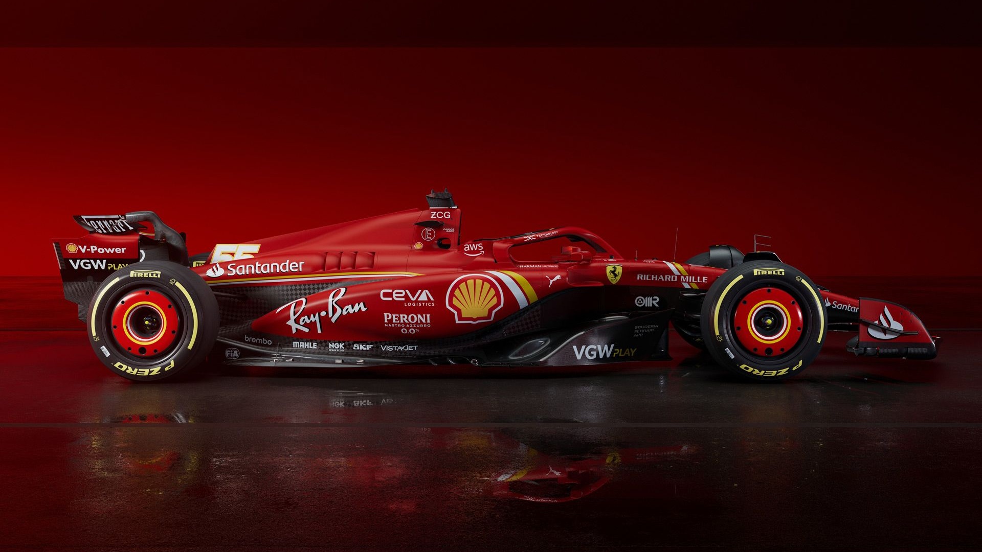 A side view of the 2024 Ferrari Formula 1 car on a red background