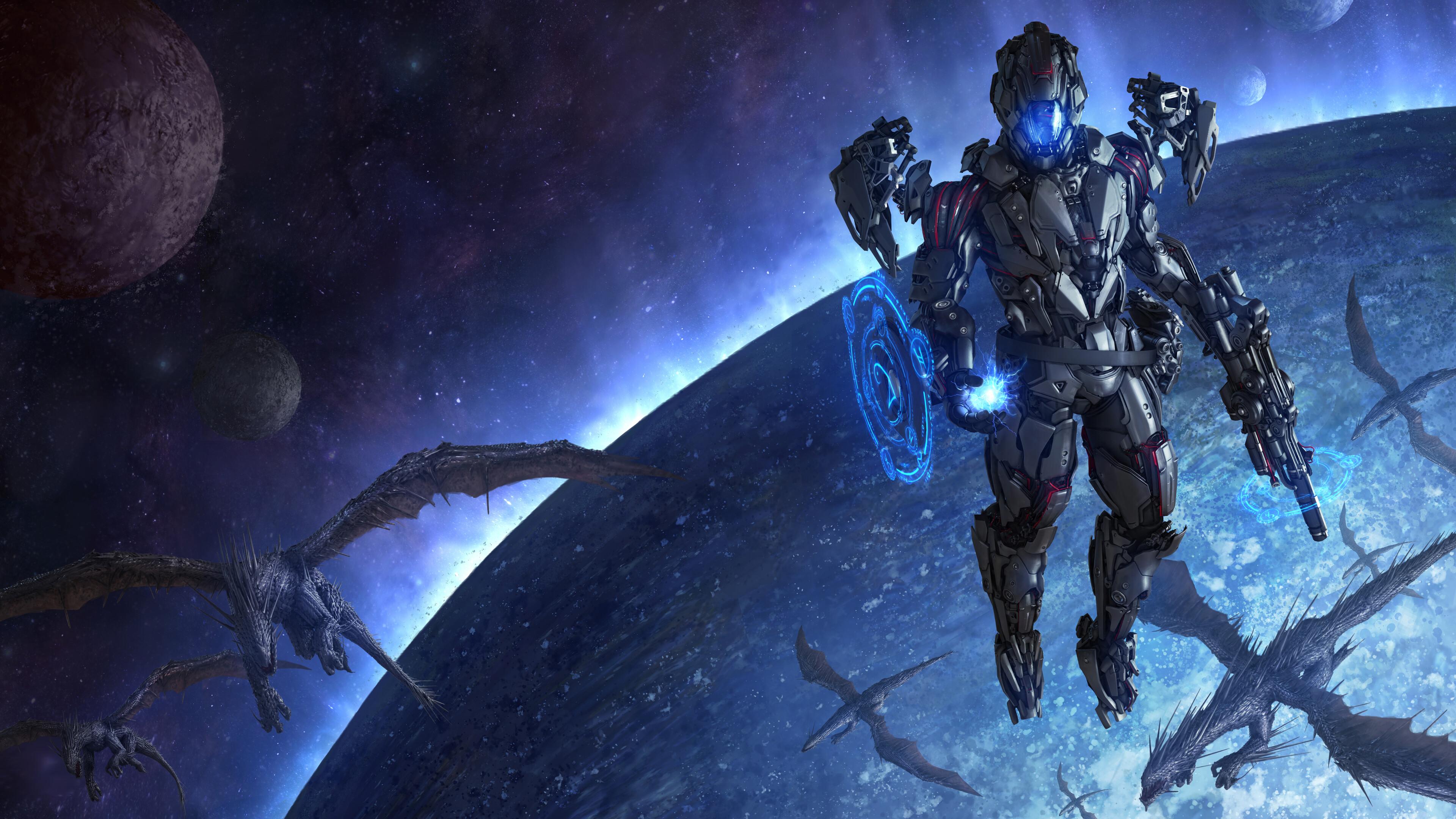 Sci Fi Fantasy Soldier Dragon Outer Space 8k Wallpaper