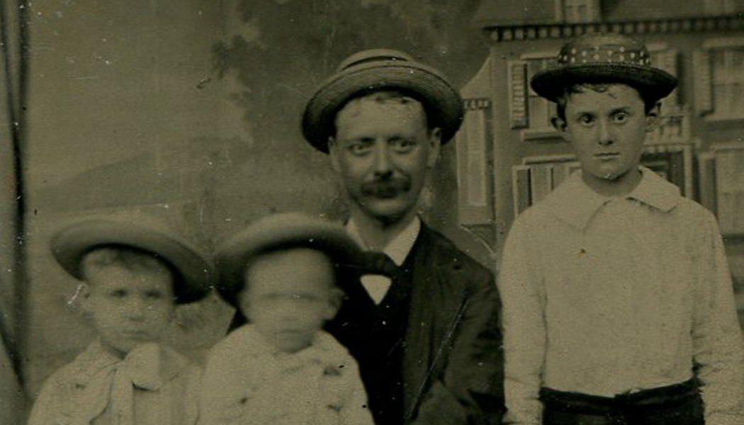 Father With Sons All In Matching Hate Painted Background Tintype