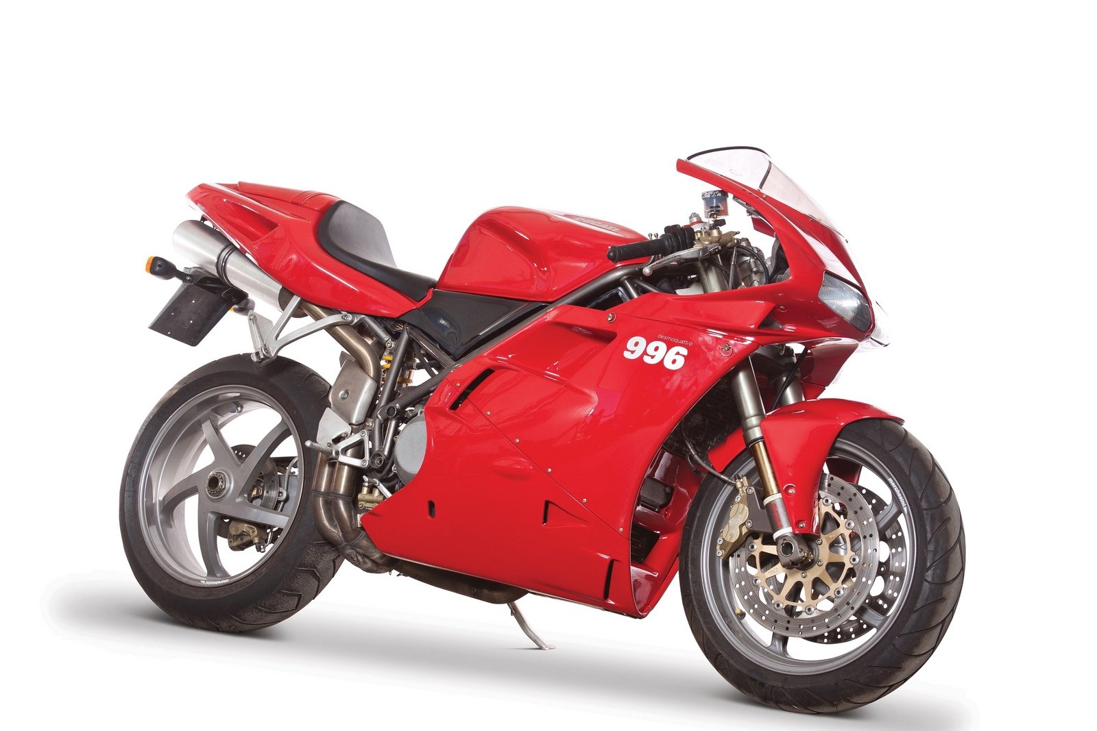 Red Ducati 996 sportbike on a white background