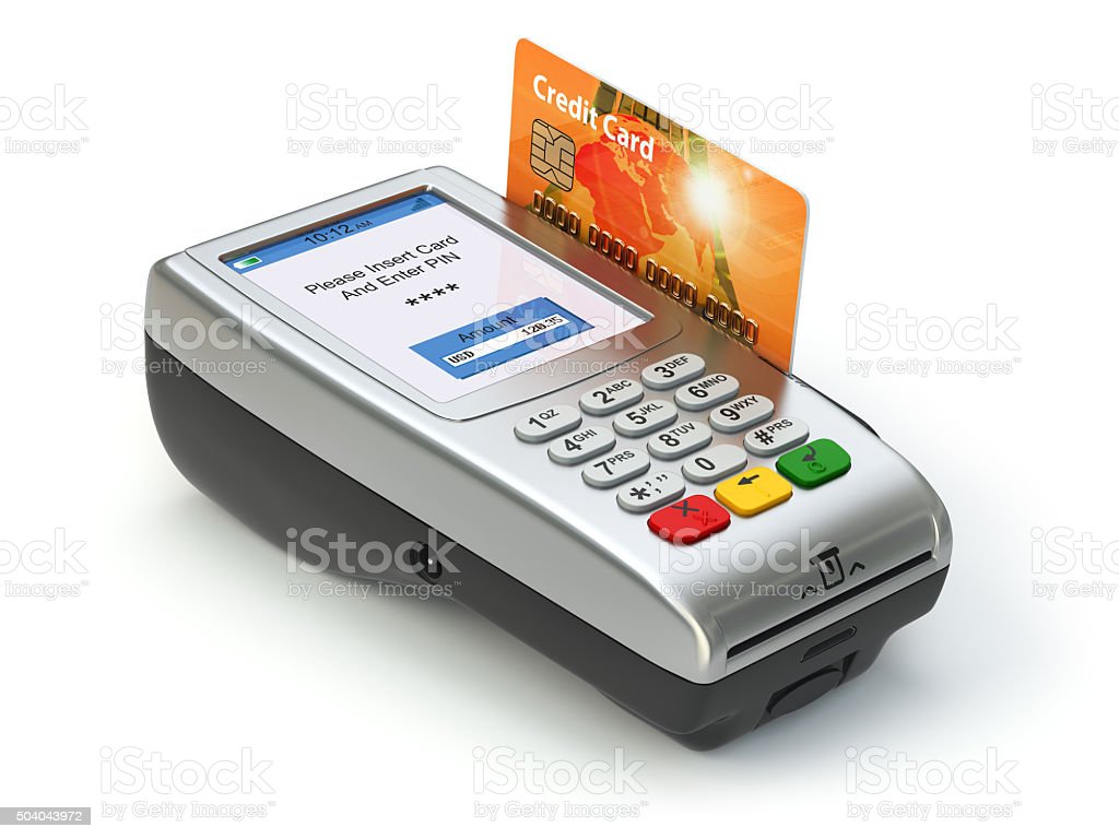 Pos Terminal With Credit Card Isolated On White Paying Stock Photo