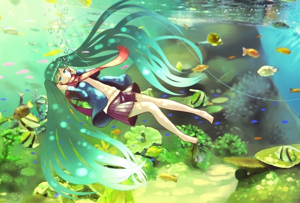 Wallpaper Swimming Girl Water Fish Hair Vocaloid Anime Desktop