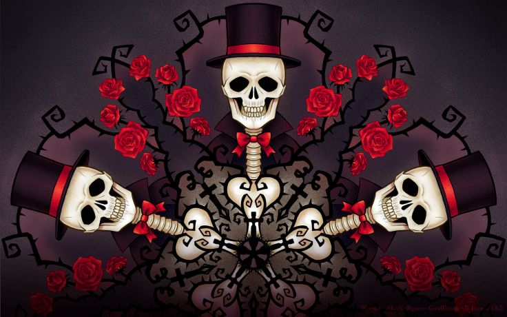 Skulls Roses Hat Fantasy Skull Gothis Flower Wallpaper