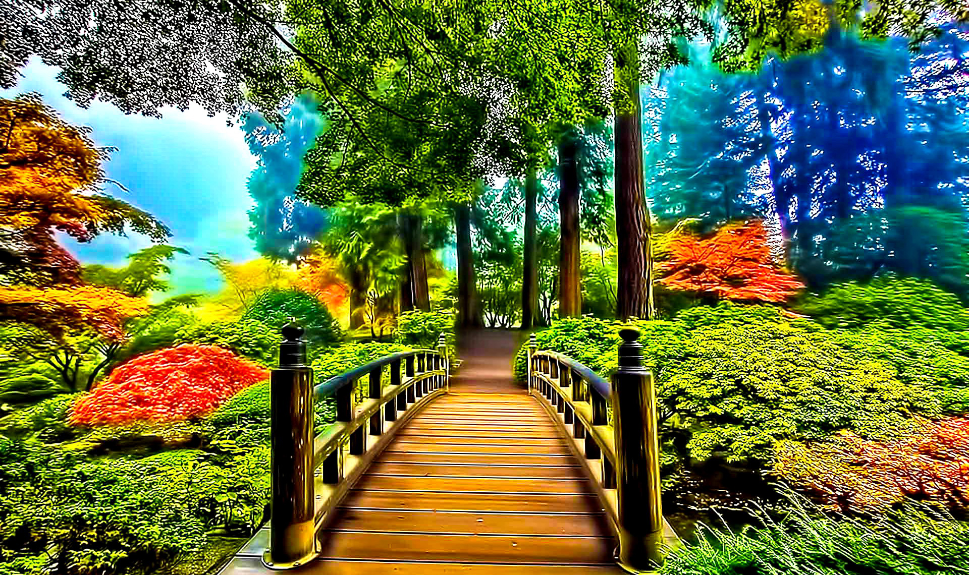 A wooden bridge in a vibrant Japanese garden in autumn