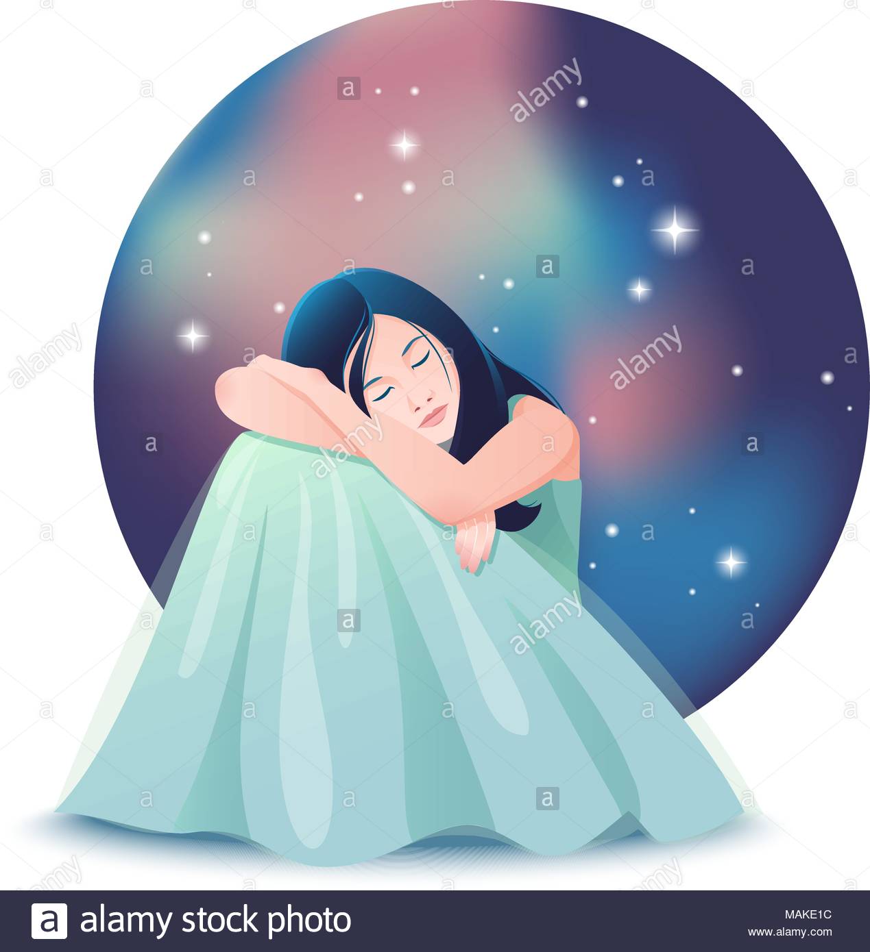 Vector Illustration Of Cute Dreaming Girl With Closed Eyes Siting