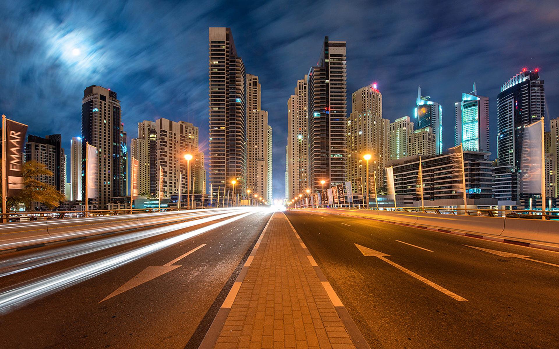 Dubai United Arab Emirates Cityscape With Illuminated Skyscrapers