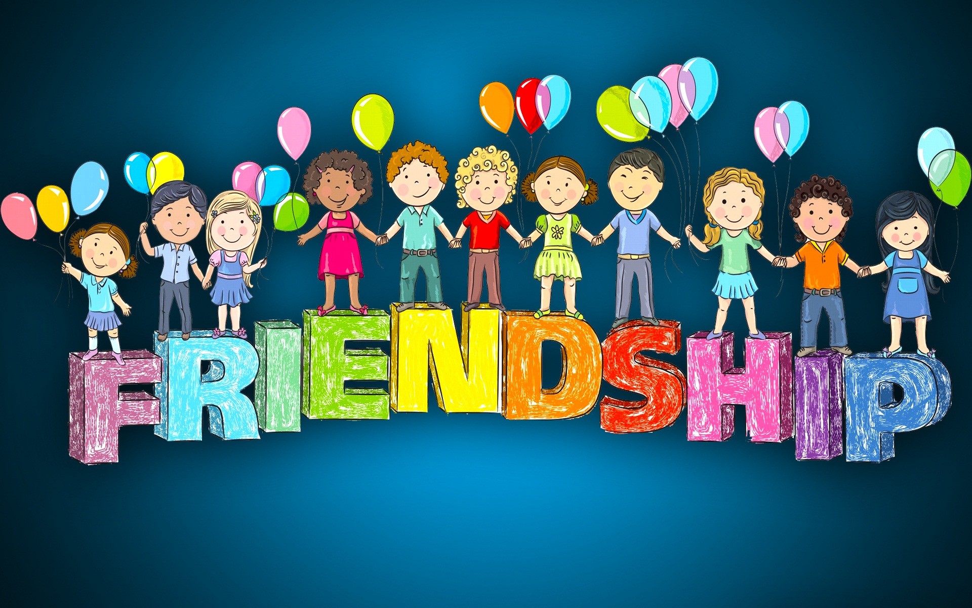 Children of diverse backgrounds holding hands and balloons, standing on colorful letters spelling 'Friendship'