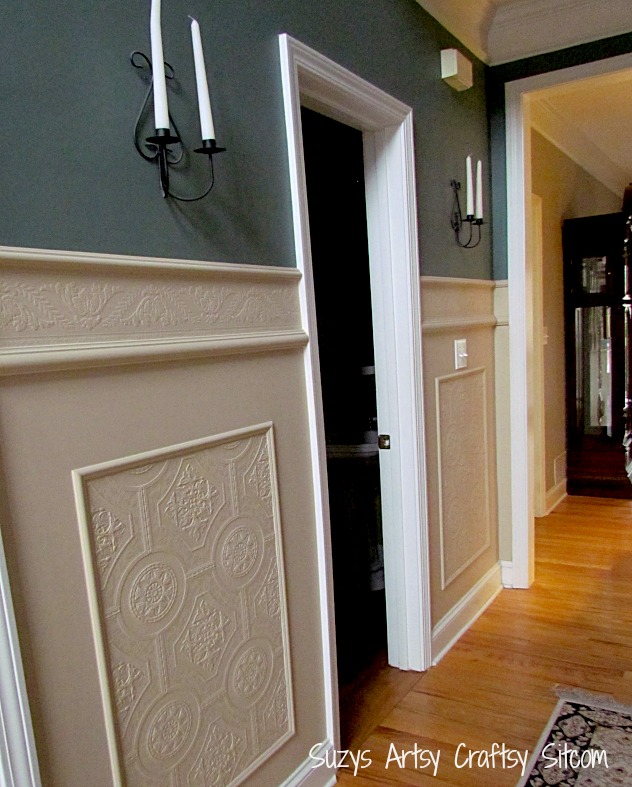 Faux Carved Wainscoting Using Paintable Textured Wallpaper