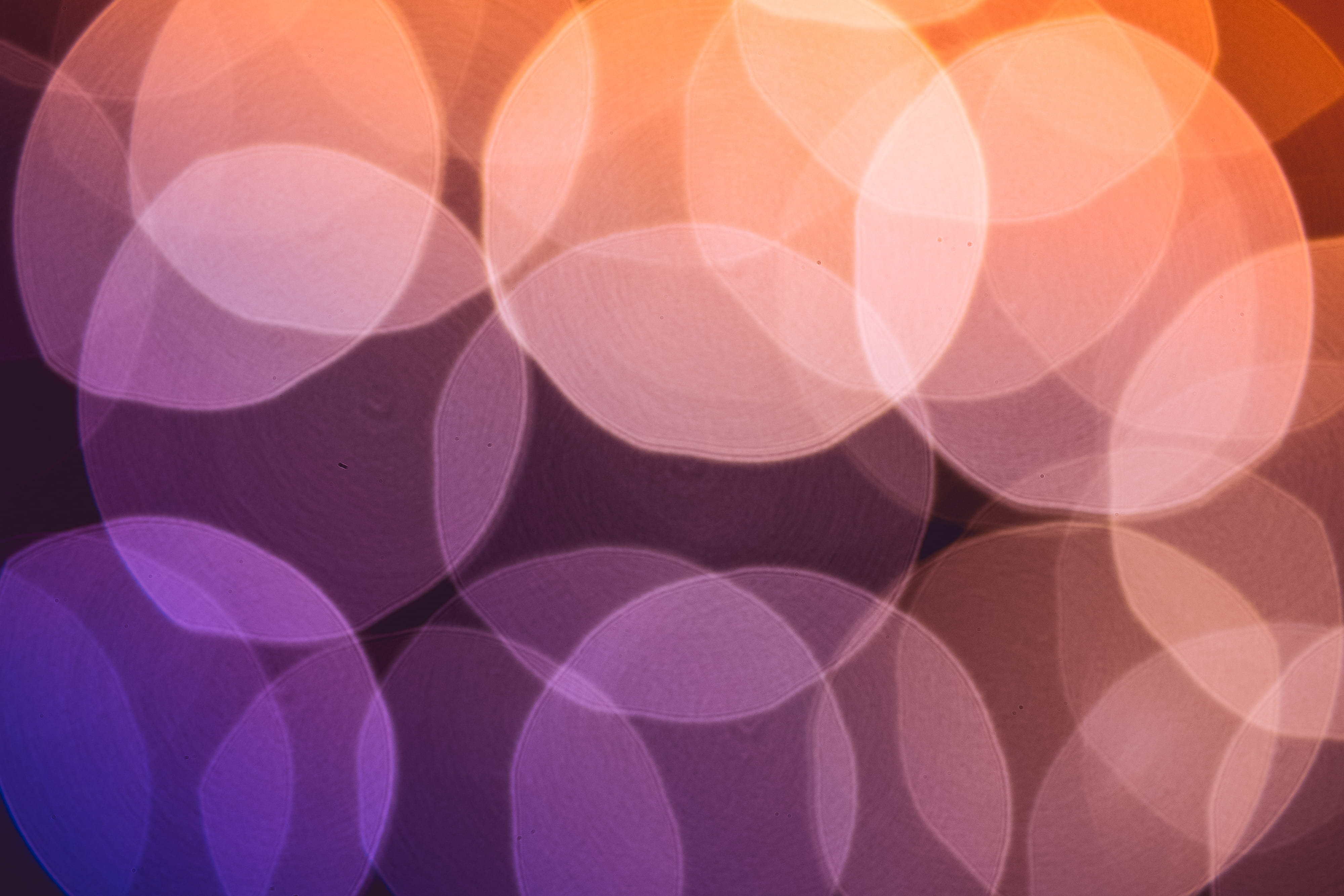 Abstract background of overlapping blurred circles in vibrant shades of orange, pink, and purple, creating a bokeh effect