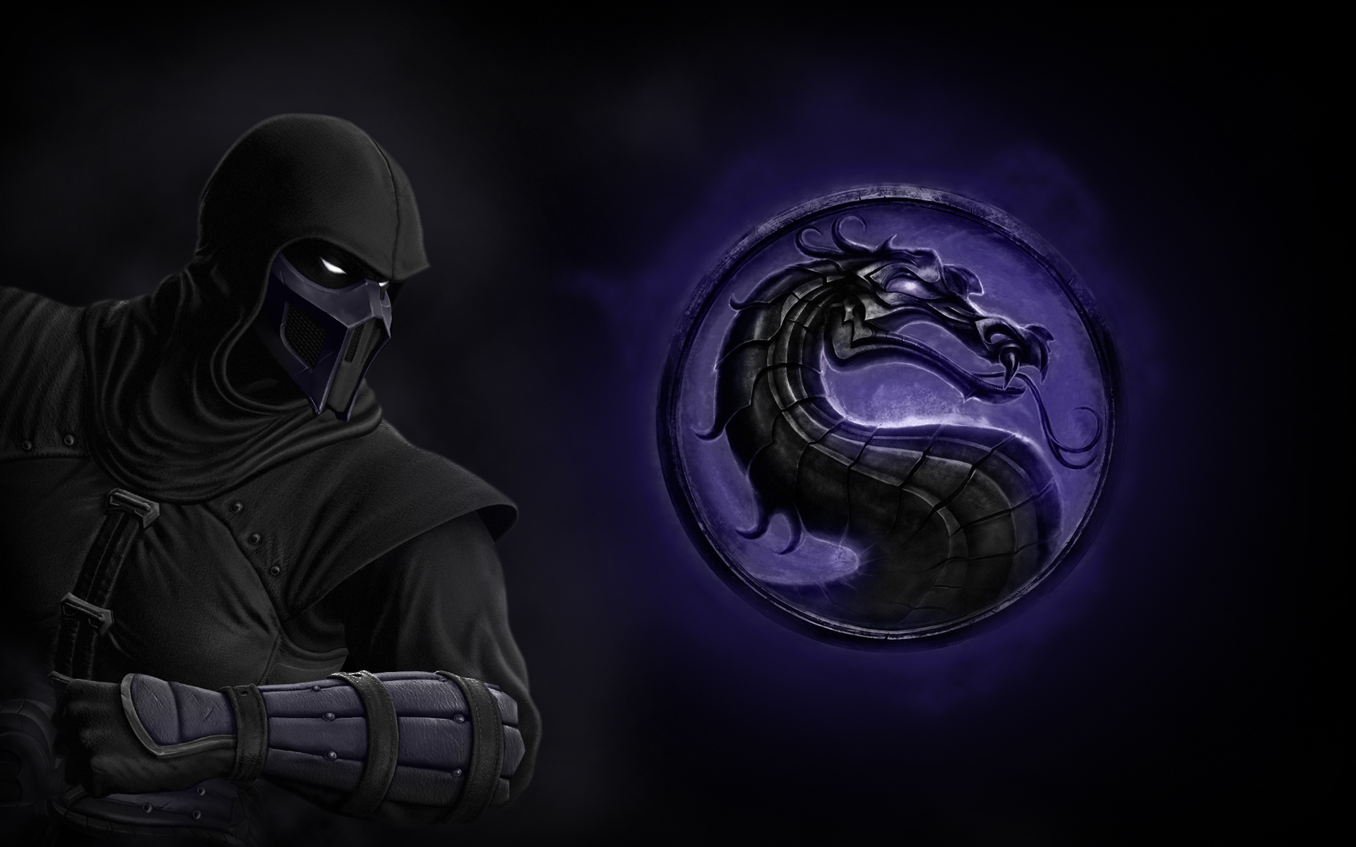 A dark and brooding wallpaper featuring Noob Saibot from Mortal Kombat, standing against a backdrop of the iconic Mortal Kombat dragon logo