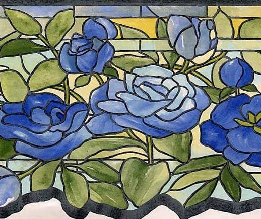 Wallpaper Border Victorian Floral Stained Glass Blue Green Yellow