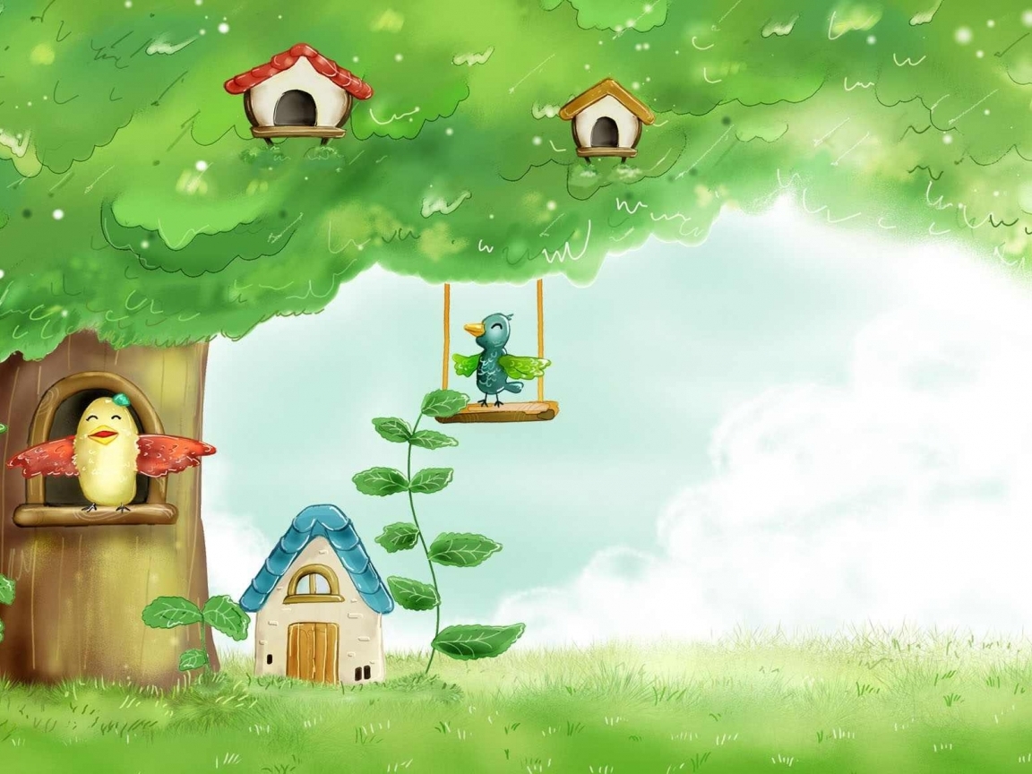 Summer Birds Birdhouses Wallpaper In Cartoon Anime