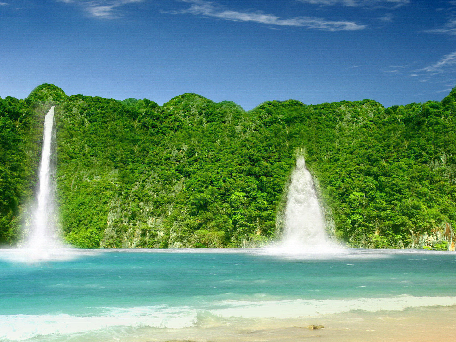 Green Beach With Waterfalls Wallpaper And Image