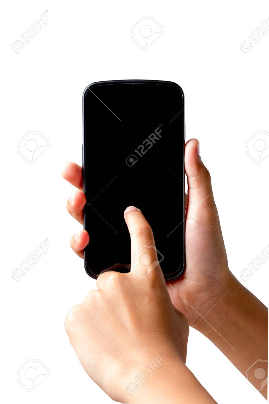 Women Hand Touch Smart Phone On White Background Stock Photo