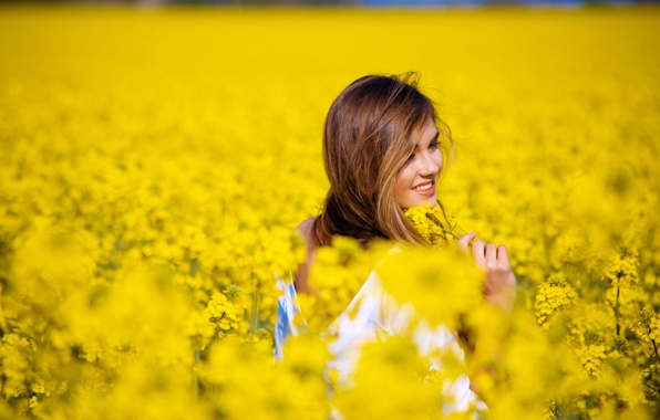Mood Girl Smile Field Flower Flowers Yellow Background