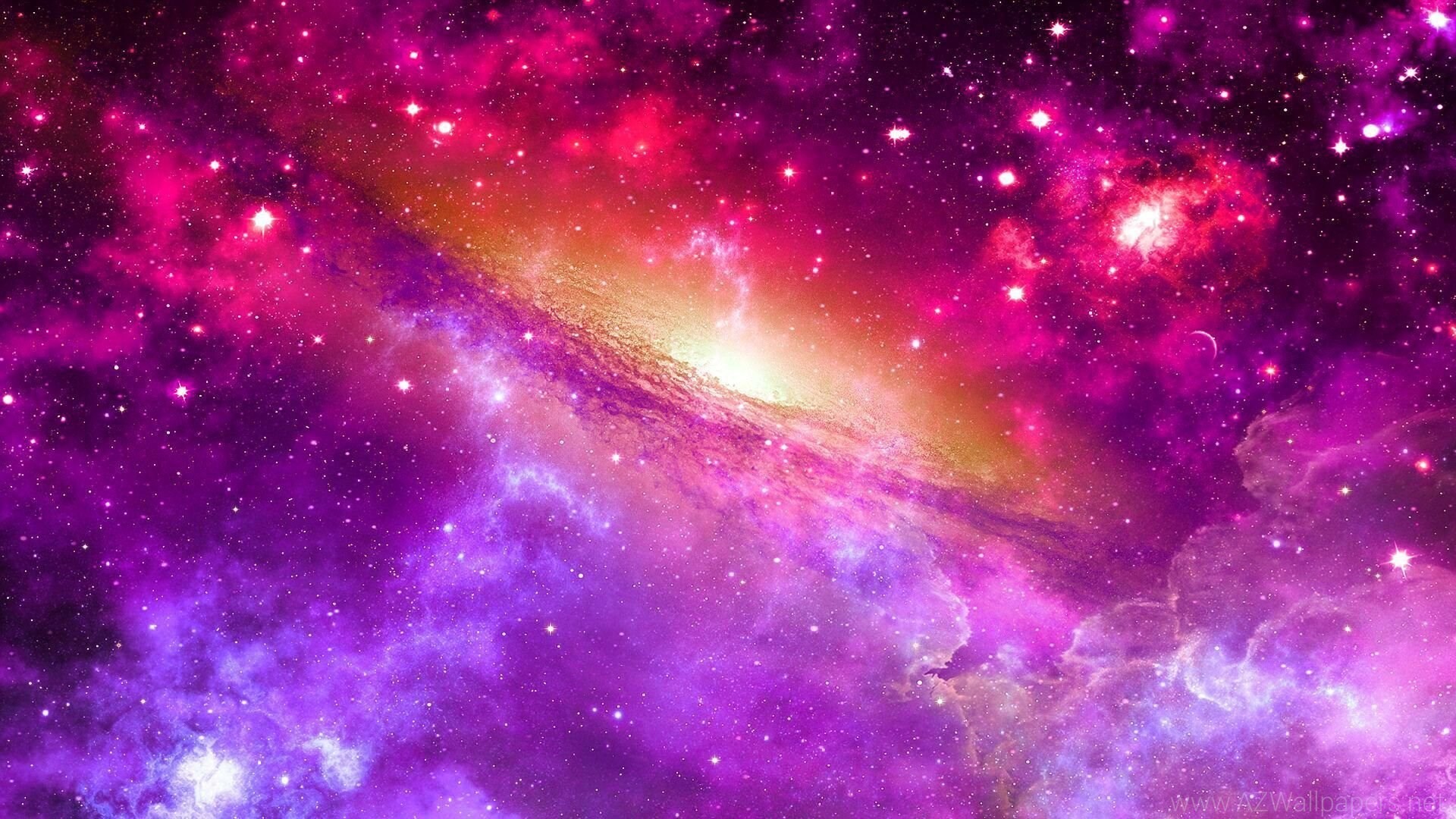 Vivid purple and pink galaxy with swirling nebulae and bright stars
