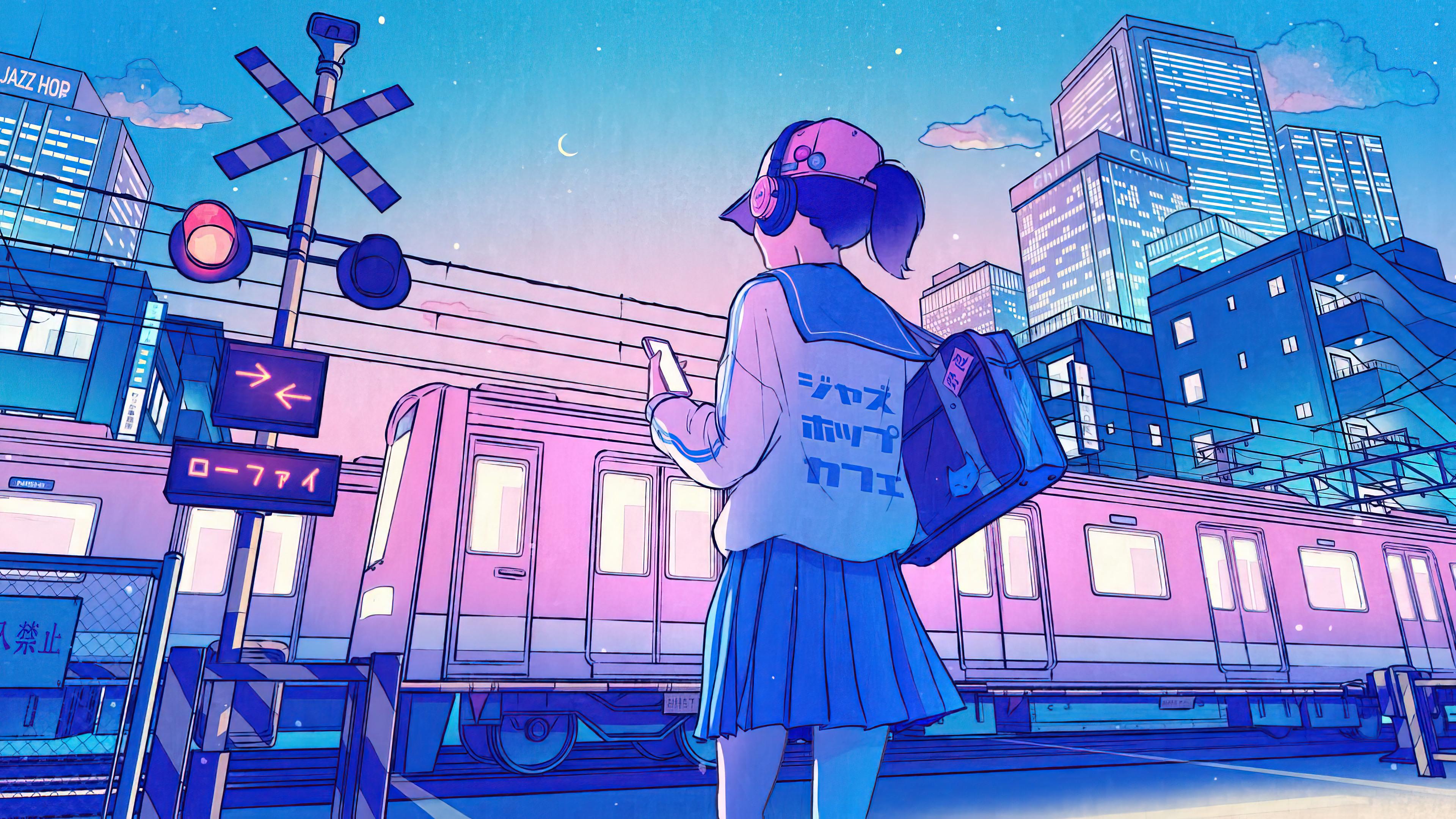 Anime Girl Art Train Night City Wallpaper iPhone Phone 4k 1470f