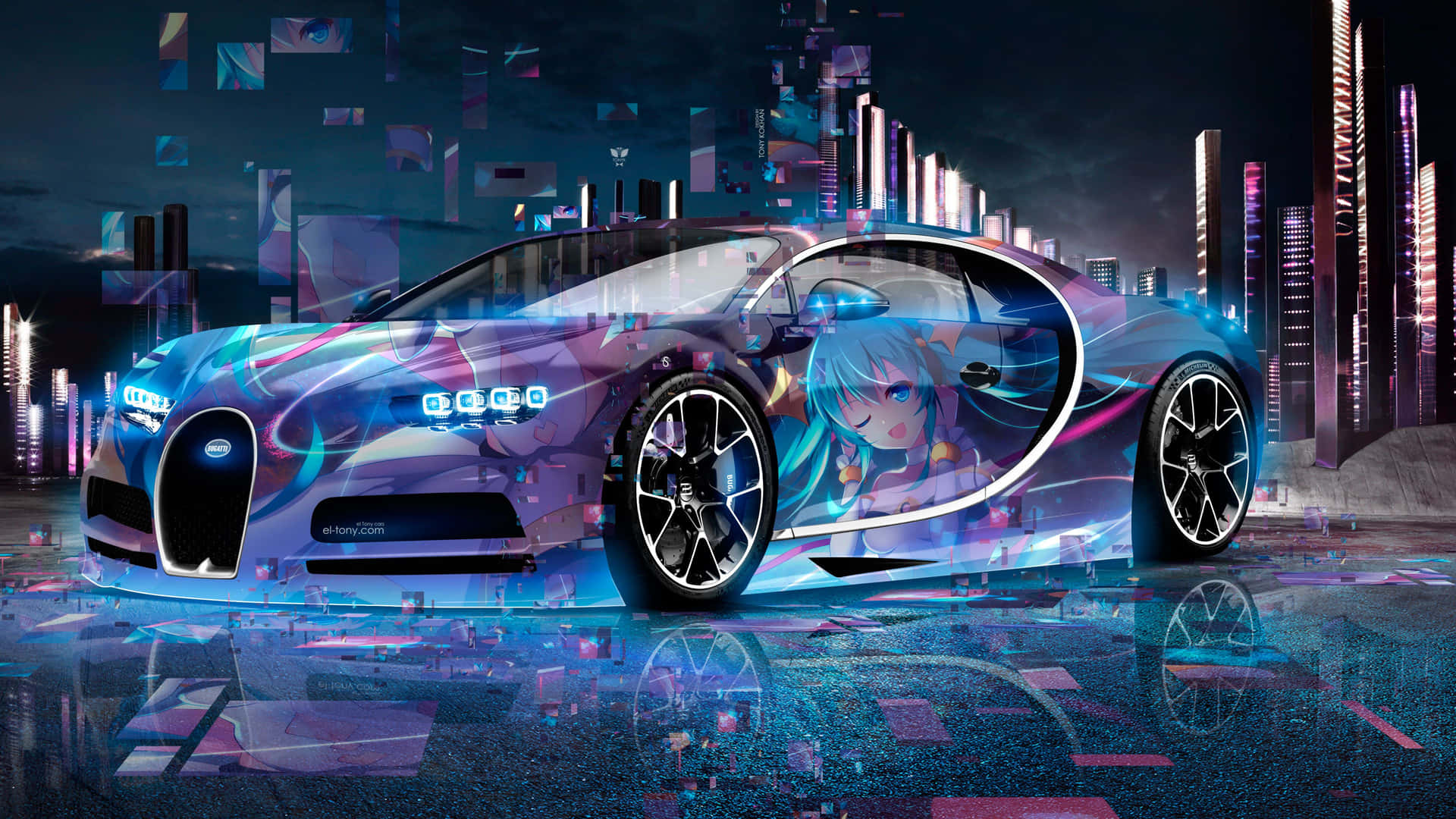 A Bugatti Chiron sports car with an anime-inspired design, parked in a futuristic cityscape at night