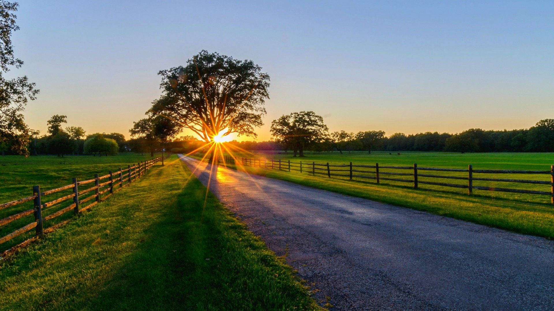 A Peaceful Path Through The Countryside During Stunning Sunrise Wallpaper