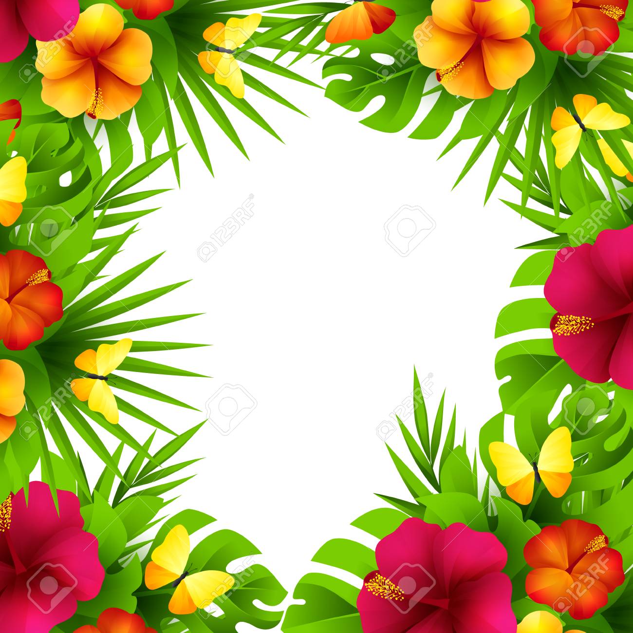 Summer Tropical Hawaiian Background With Jungle Palm Tree Leaves