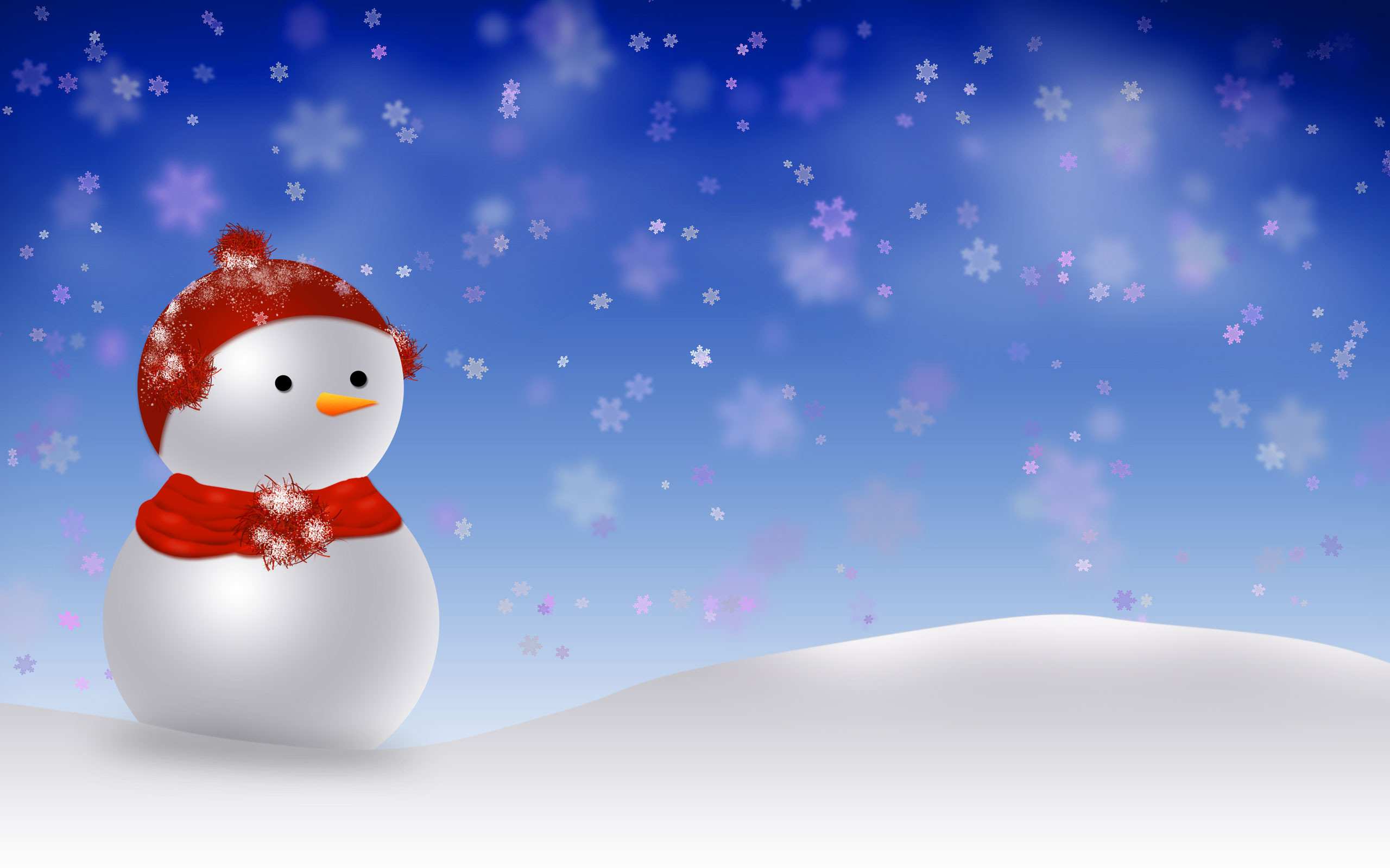 A cheerful snowman stands in a snowy landscape as snowflakes gently fall from a vibrant blue sky