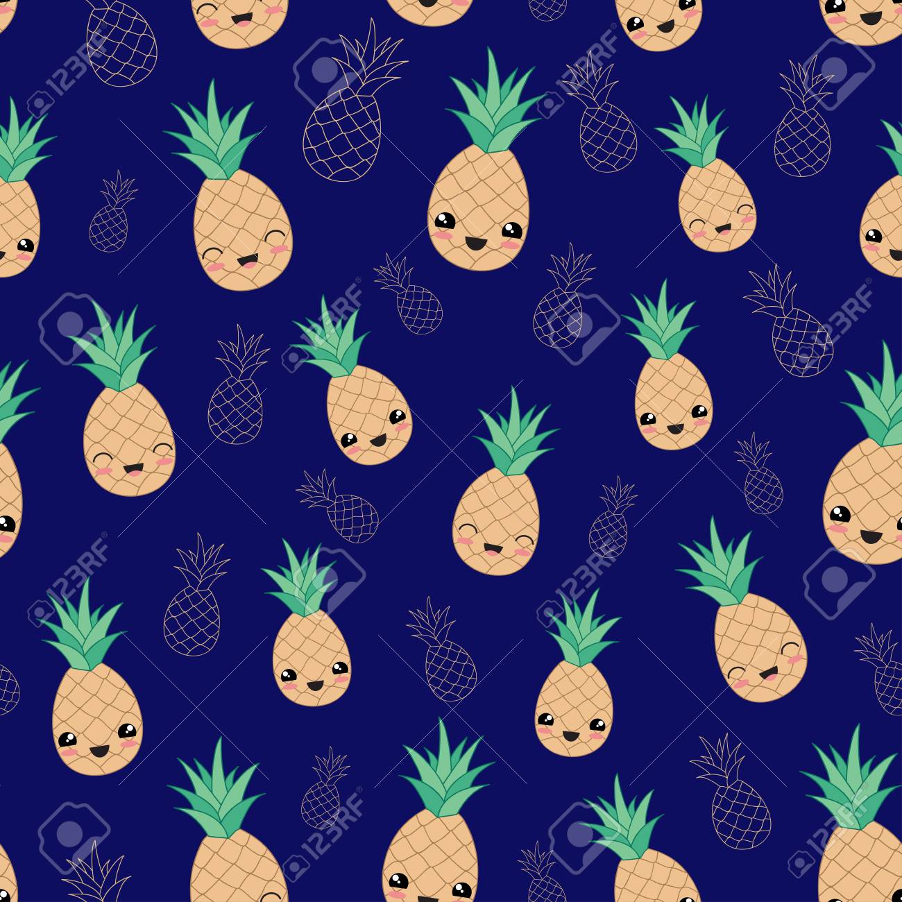 Kawaii Happy Pineapple Fruit Seamless Pattern Vector Blue