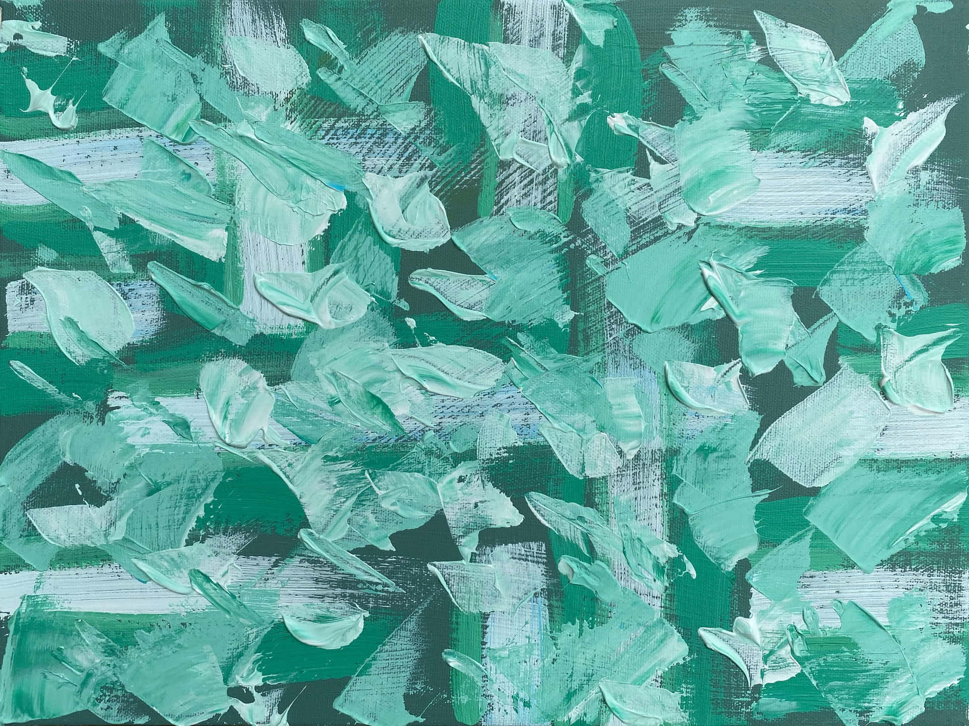 Abstract mint green and white brushstrokes on a dark green background, creating a textured and refreshing wallpaper