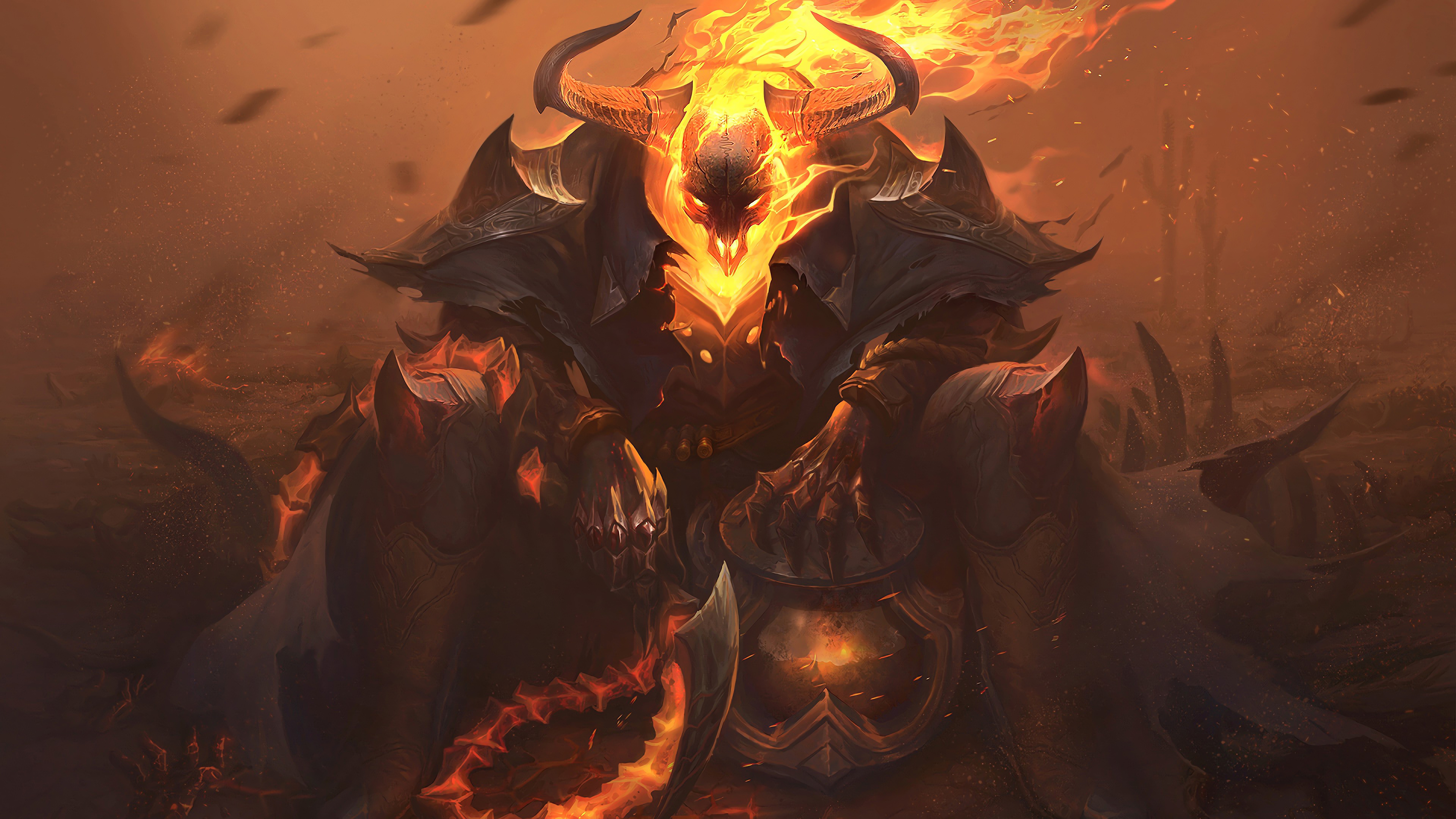 A fiery, horned demon king sits upon a throne, his hands clasped around a burning orb, in a League of Legends-themed digital painting
