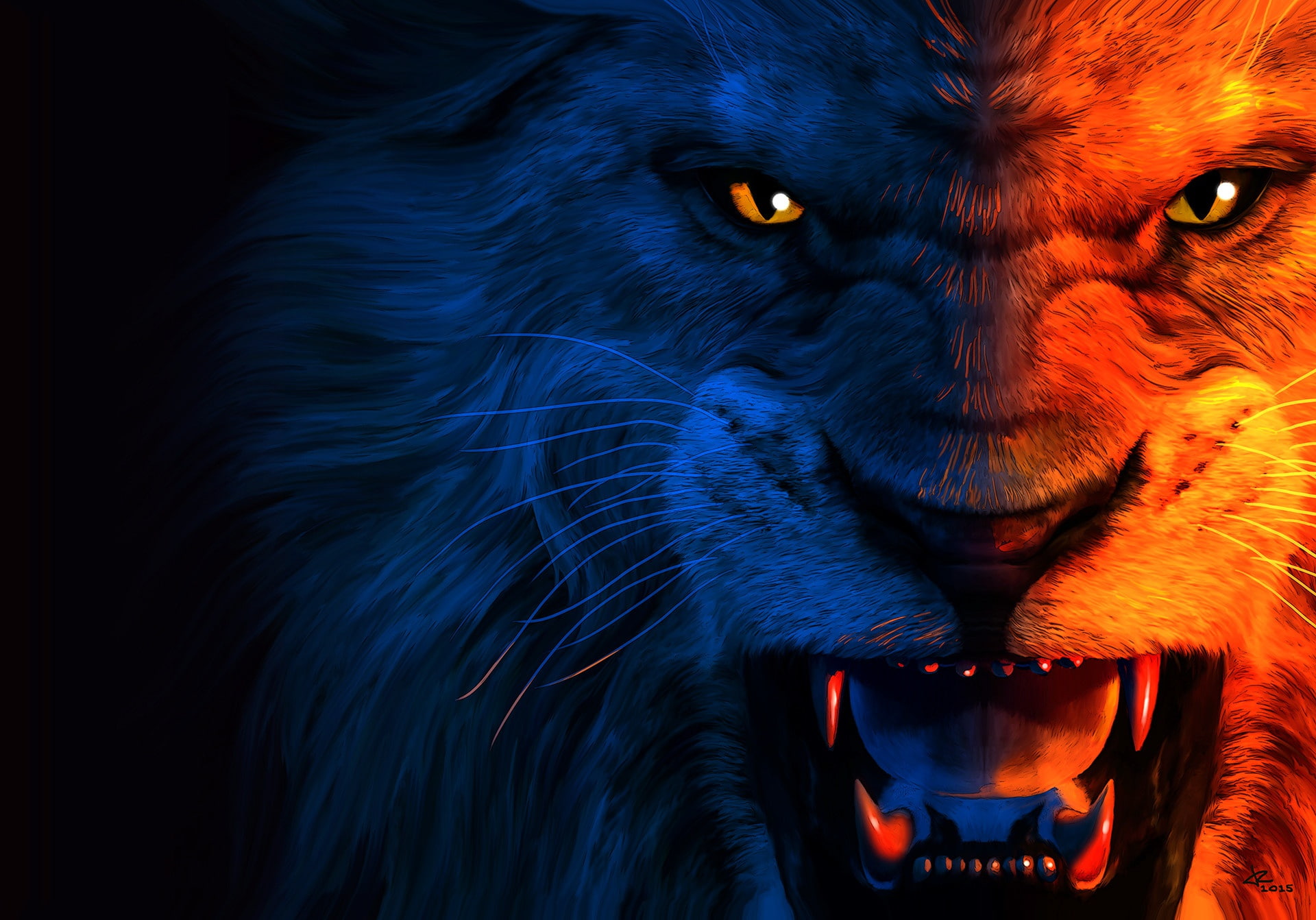 Close-up of a lion's face split into blue and orange halves, roaring fiercely. 4k wallpaper