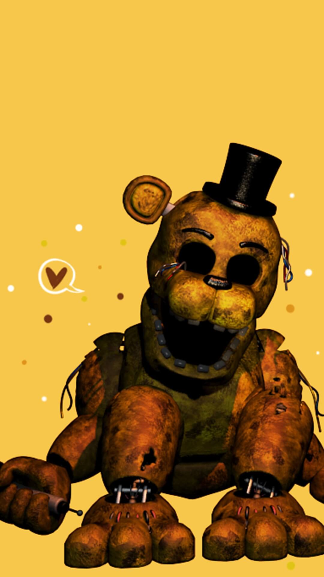 A digitally rendered image of a deteriorated animatronic bear, reminiscent of the character Golden Freddy from the Five Nights at Freddy's series, set against a light yellow background. The bear, with exposed wires and a worn appearance, sits with its legs outstretched and a top hat perched on its head. A small, cartoon-style heart floats beside its head, adding a touch of whimsy