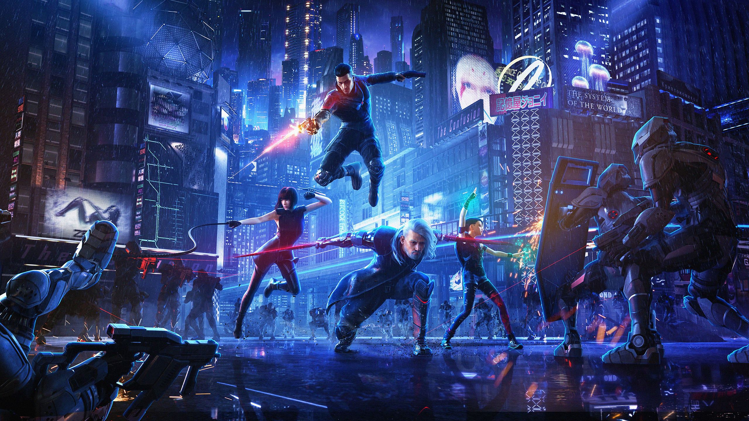 A stunning 4K wallpaper featuring a futuristic cyberpunk cityscape at night, rain falling, with a diverse group of video game characters in action poses, including a man leaping, a woman wielding a whip, and another man with a glowing sword. Robots and other figures engage in battle in the background