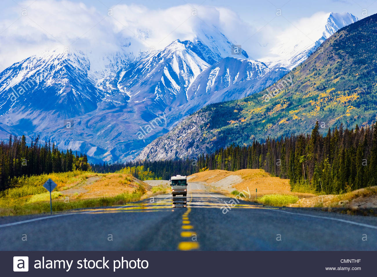 Rv On The Alaska Highway With Kluane Range In Background
