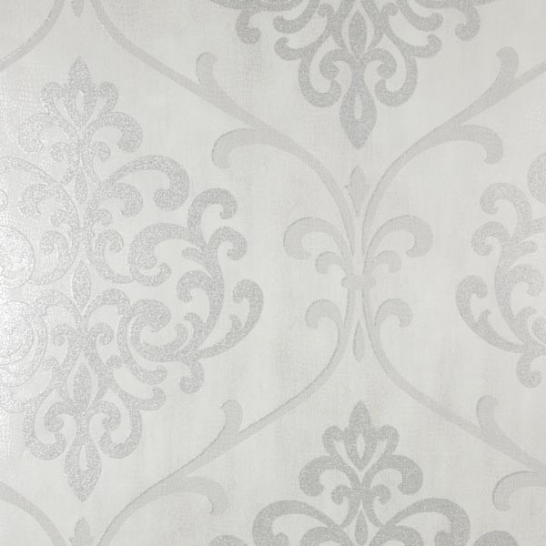 Ambrosia Silver Glitter Damask Wallpaper Swatch Contemporary