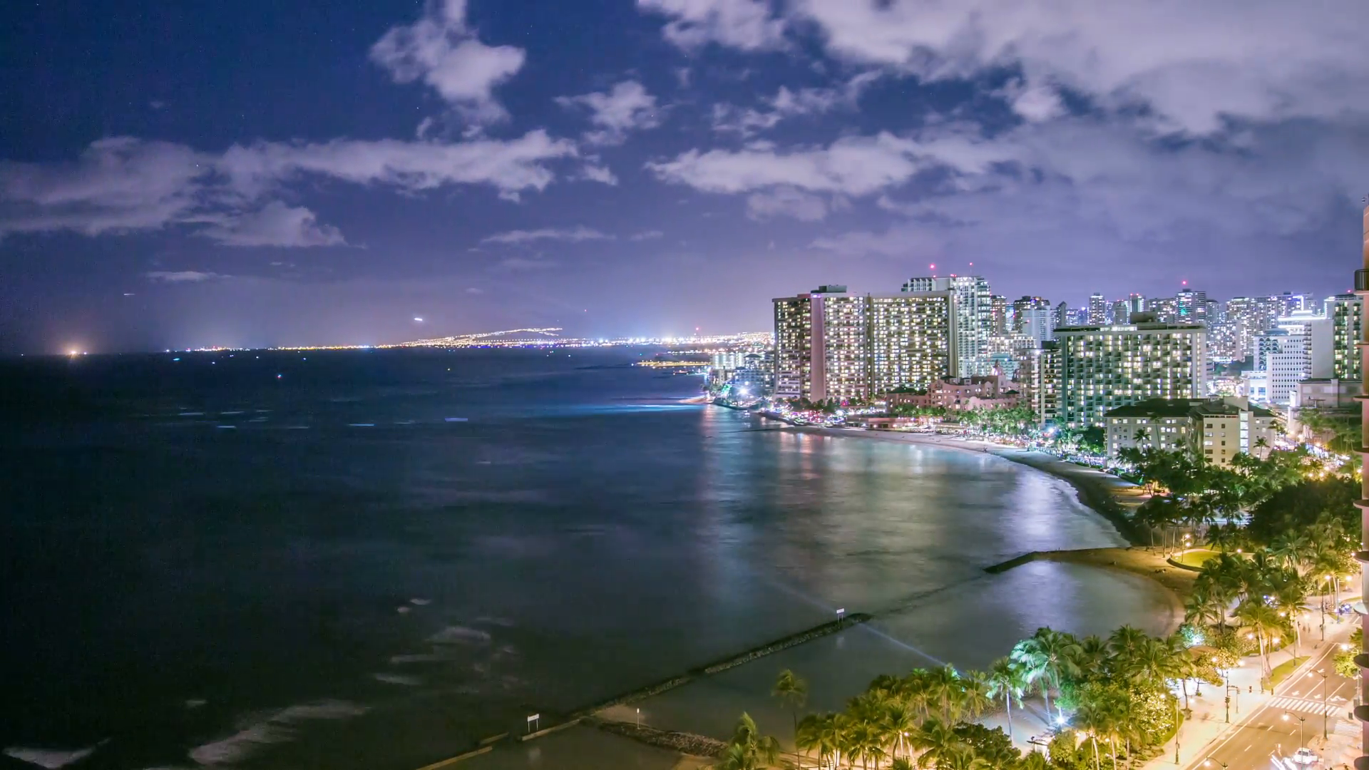 Time Lapse Night Skyline Of Waikiki Beach Honolulu Oahu
