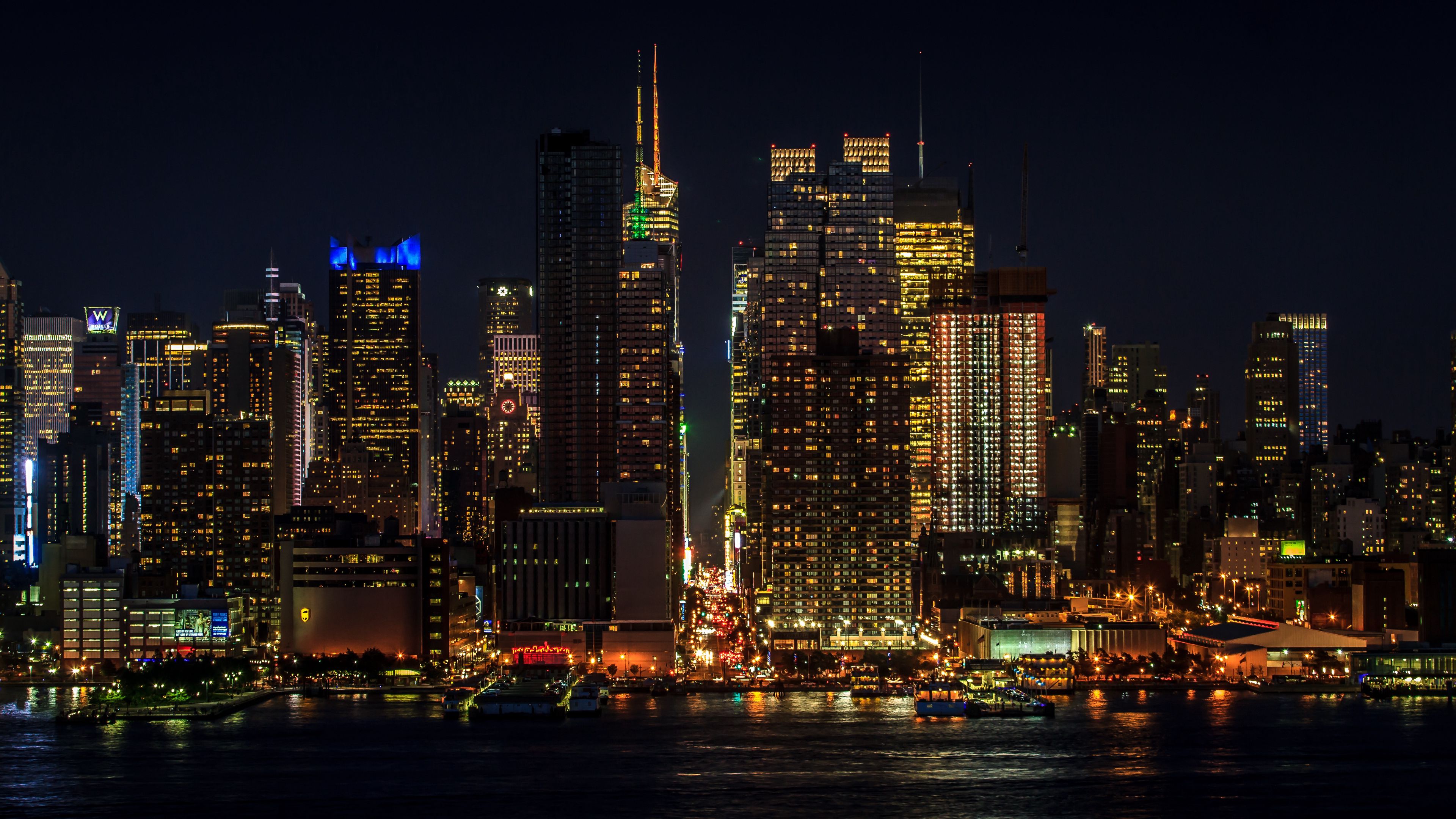 Wallpaper Cityscape Night New York Manhattan Skyscrapers Lights 4k UHD