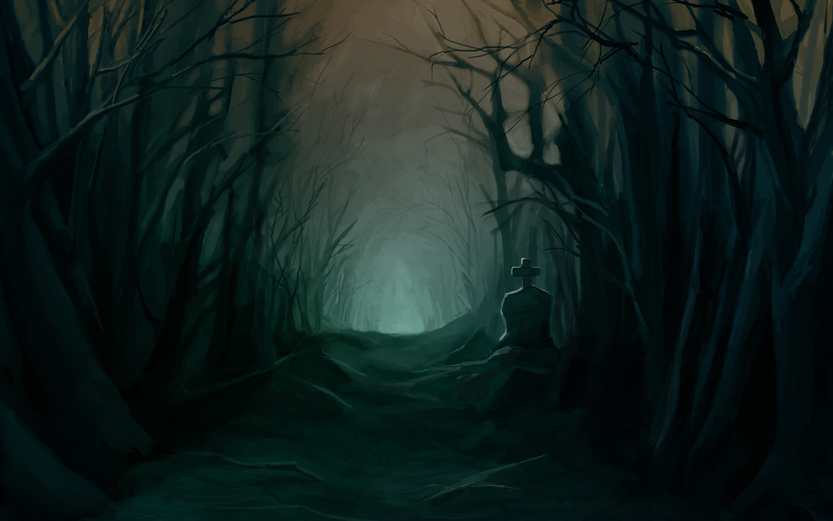 Tombstone Dark Halloween Trees Forest Woods Night Scary Spooky Creepy