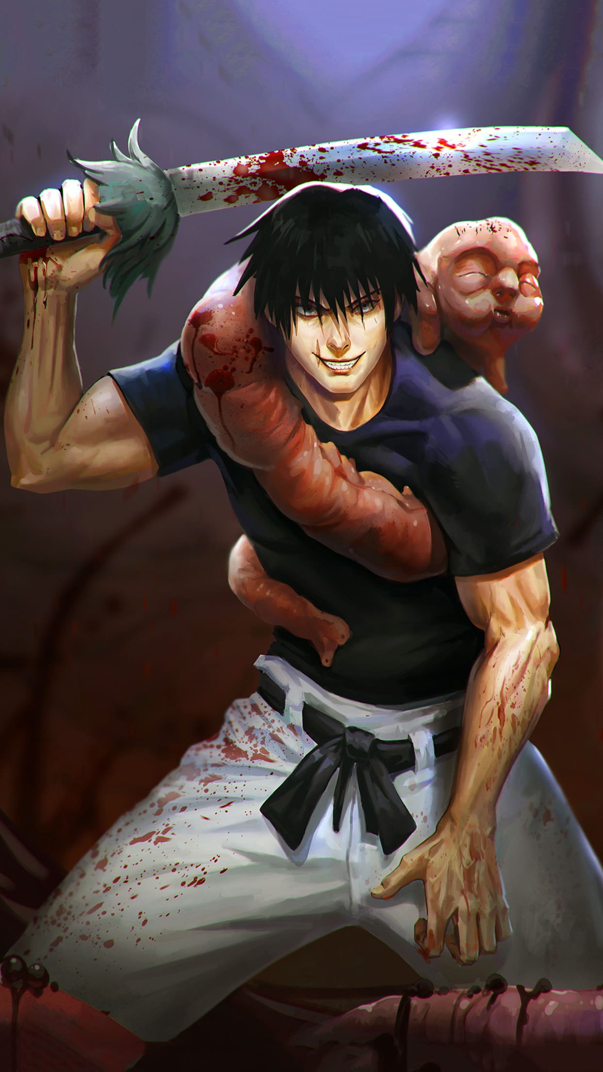 Toji Fushiguro from Jujutsu Kaisen in a dynamic action pose, wielding a bloody katana and displaying his signature cursed spirit