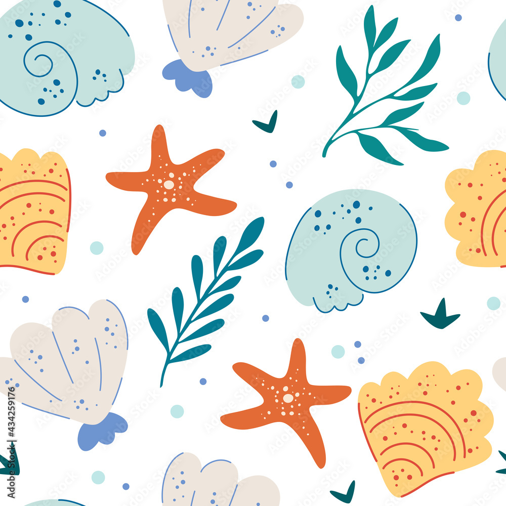 Sea Shells And Starfish Seamless Pattern Cute Ocean Background